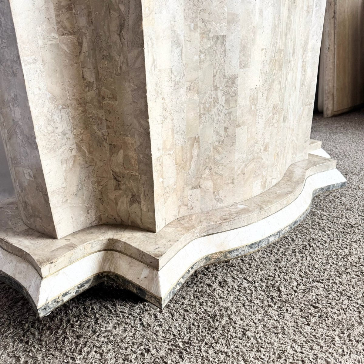 Postmodern Sculpted Grey White and Tan Tessellated Stone Dining Table Base With Brass Inlay - Dolphin & Flamingo