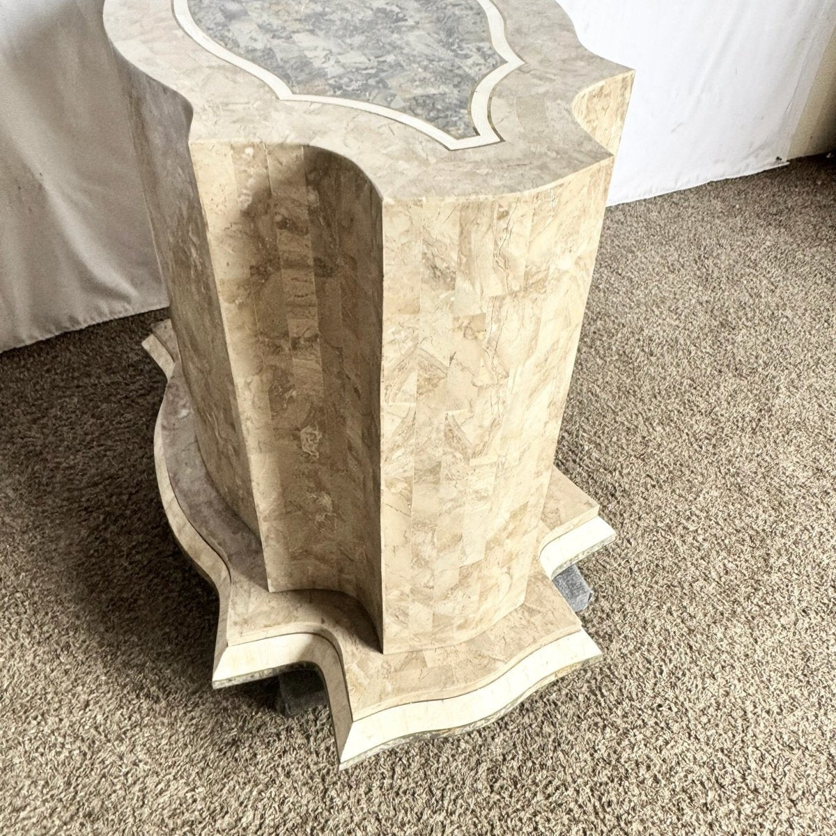 Postmodern Sculpted Grey White and Tan Tessellated Stone Dining Table Base With Brass Inlay - Dolphin & Flamingo