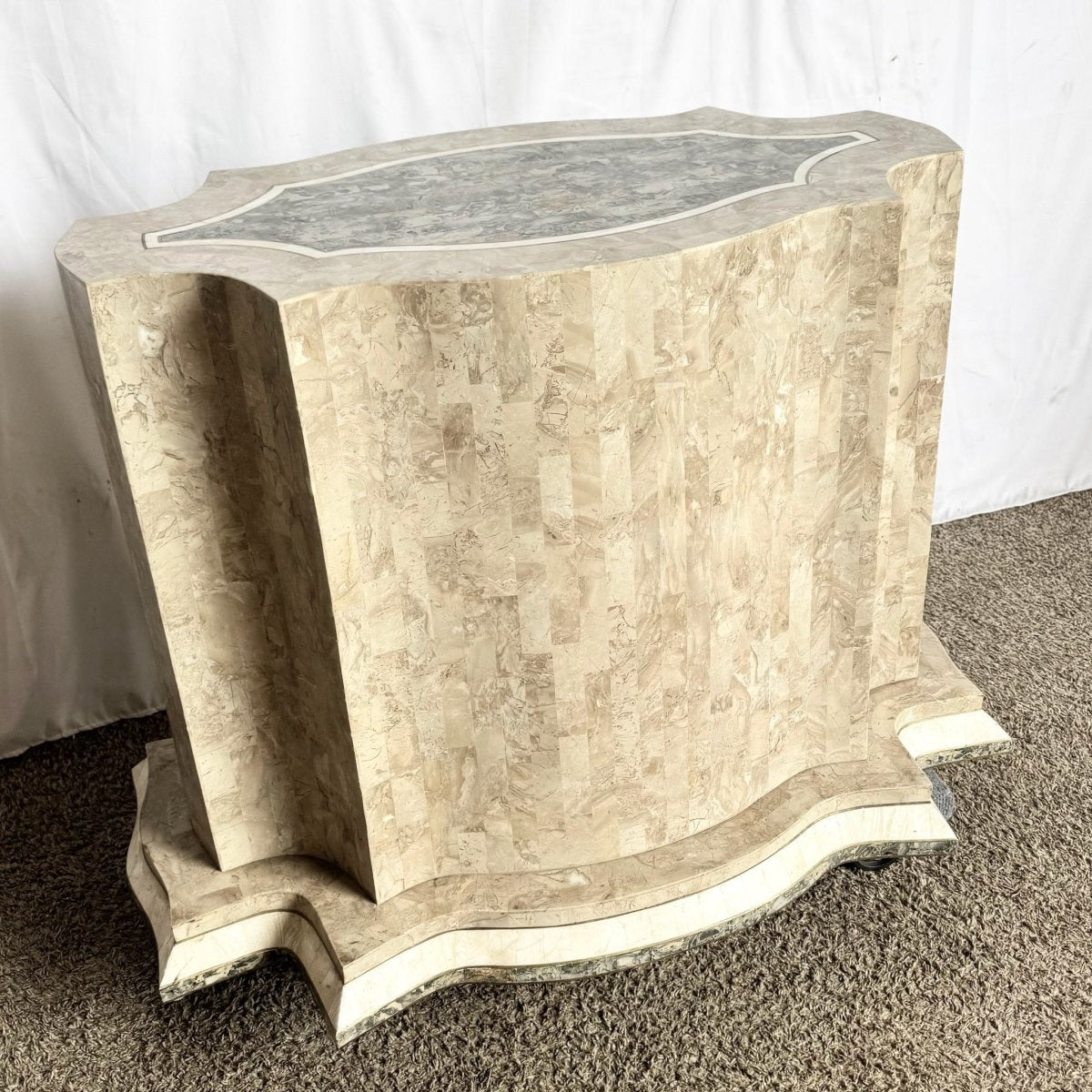 Postmodern Sculpted Grey White and Tan Tessellated Stone Dining Table Base With Brass Inlay - Dolphin & Flamingo