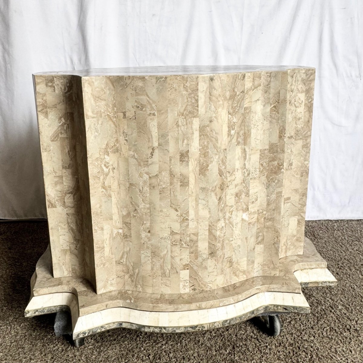 Postmodern Sculpted Grey White and Tan Tessellated Stone Dining Table Base With Brass Inlay - Dolphin & Flamingo
