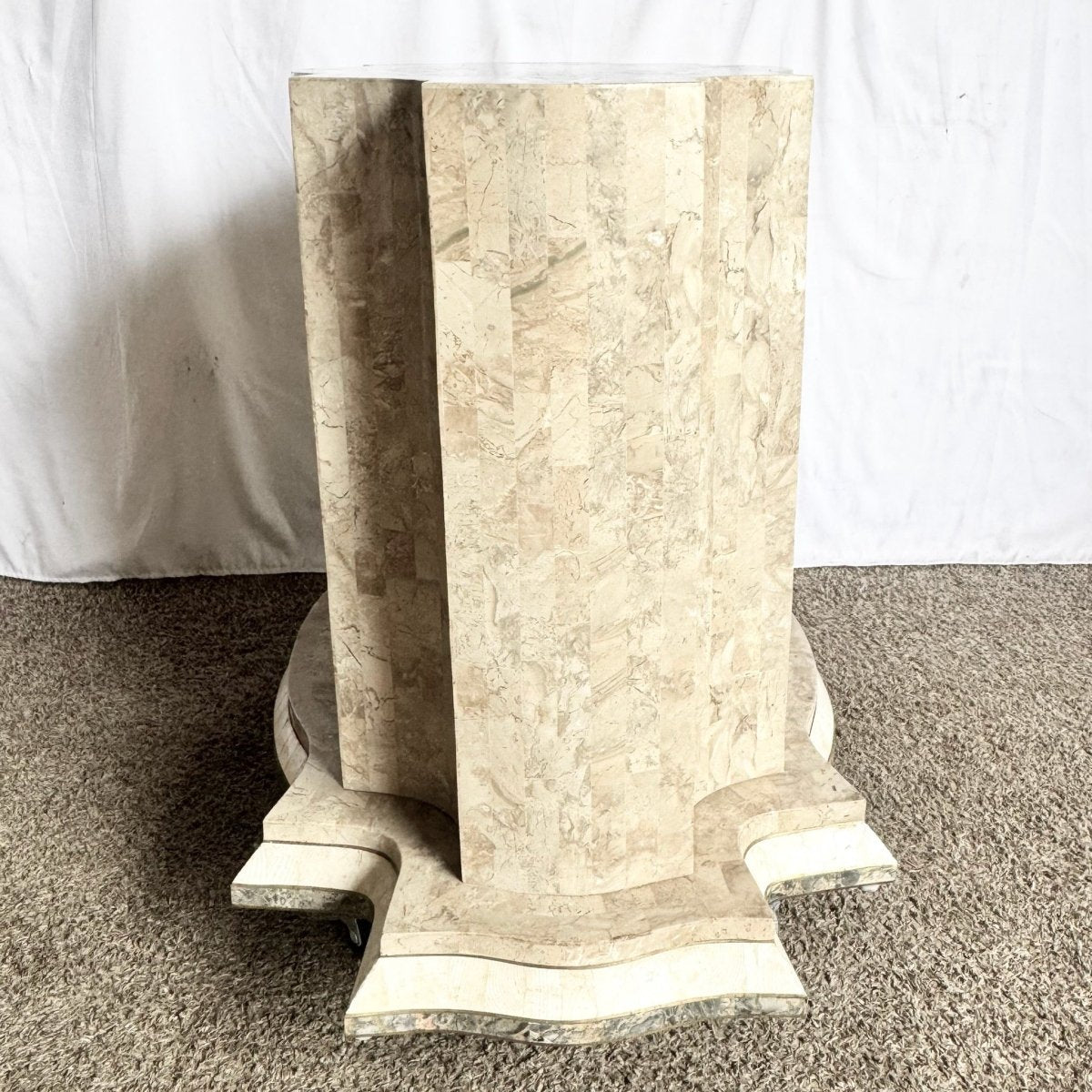 Postmodern Sculpted Grey White and Tan Tessellated Stone Dining Table Base With Brass Inlay - Dolphin & Flamingo