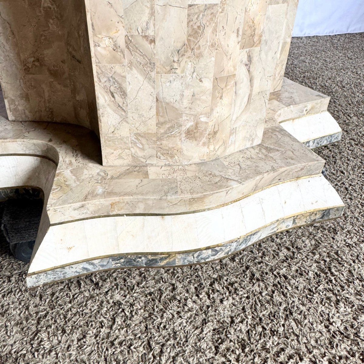 Postmodern Sculpted Grey White and Tan Tessellated Stone Dining Table Base With Brass Inlay - Dolphin & Flamingo