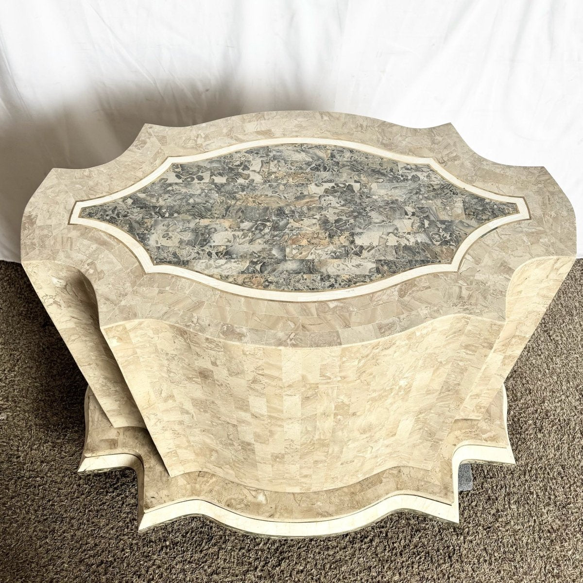 Postmodern Sculpted Grey White and Tan Tessellated Stone Dining Table Base With Brass Inlay - Dolphin & Flamingo