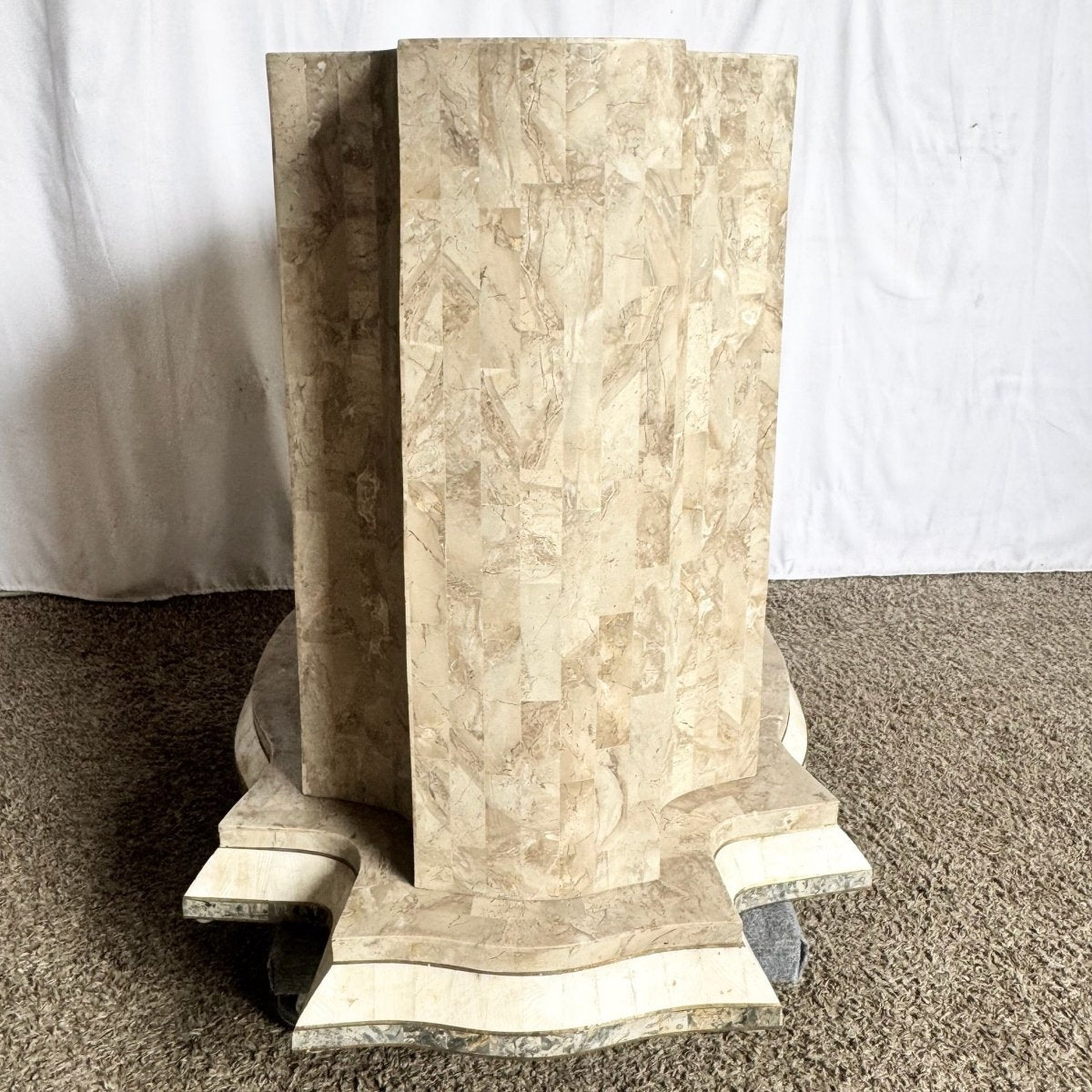 Postmodern Sculpted Grey White and Tan Tessellated Stone Dining Table Base With Brass Inlay - Dolphin & Flamingo