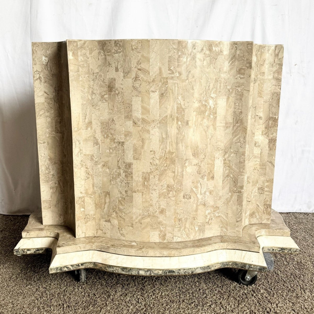 Postmodern Sculpted Grey White and Tan Tessellated Stone Dining Table Base With Brass Inlay - Dolphin & Flamingo