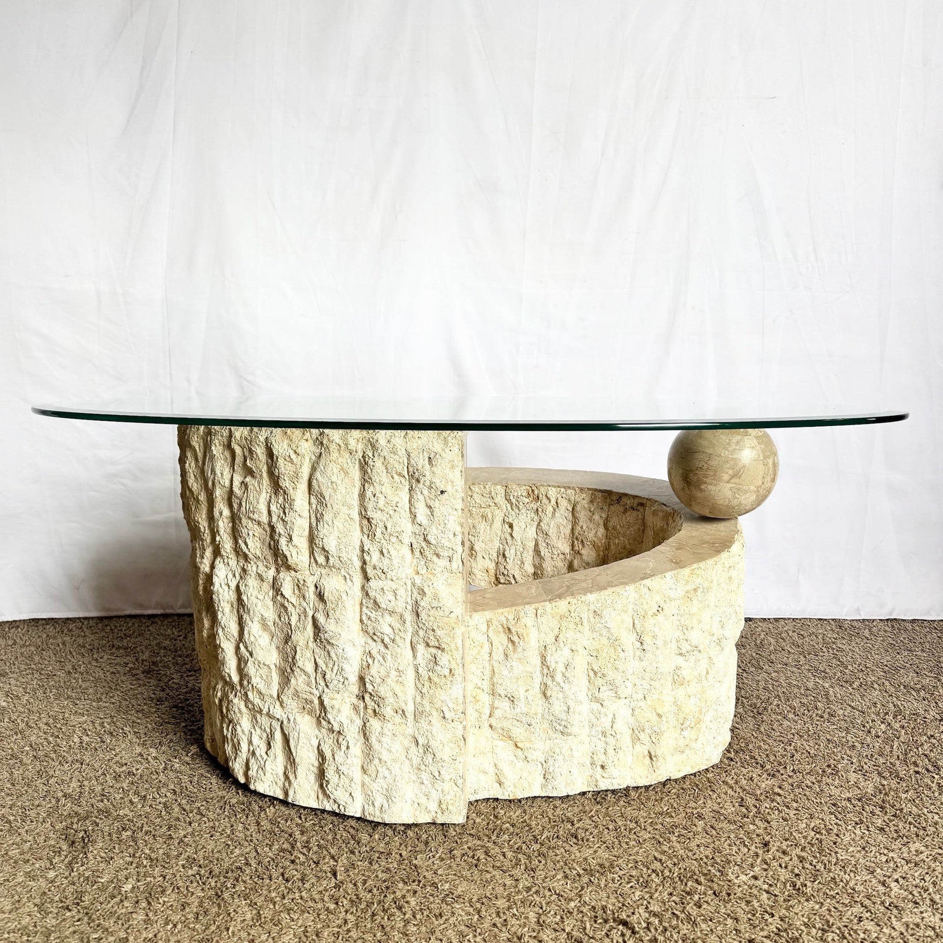 Postmodern Sculpted Oval Tessellated Stone Glass Top Coffee Table - Dolphin & Flamingo