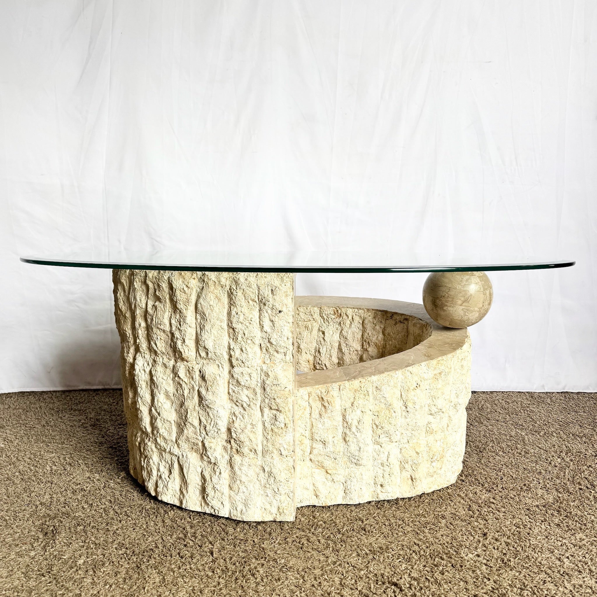 Postmodern Sculpted Oval Tessellated Stone Glass Top Coffee Table - Dolphin & Flamingo