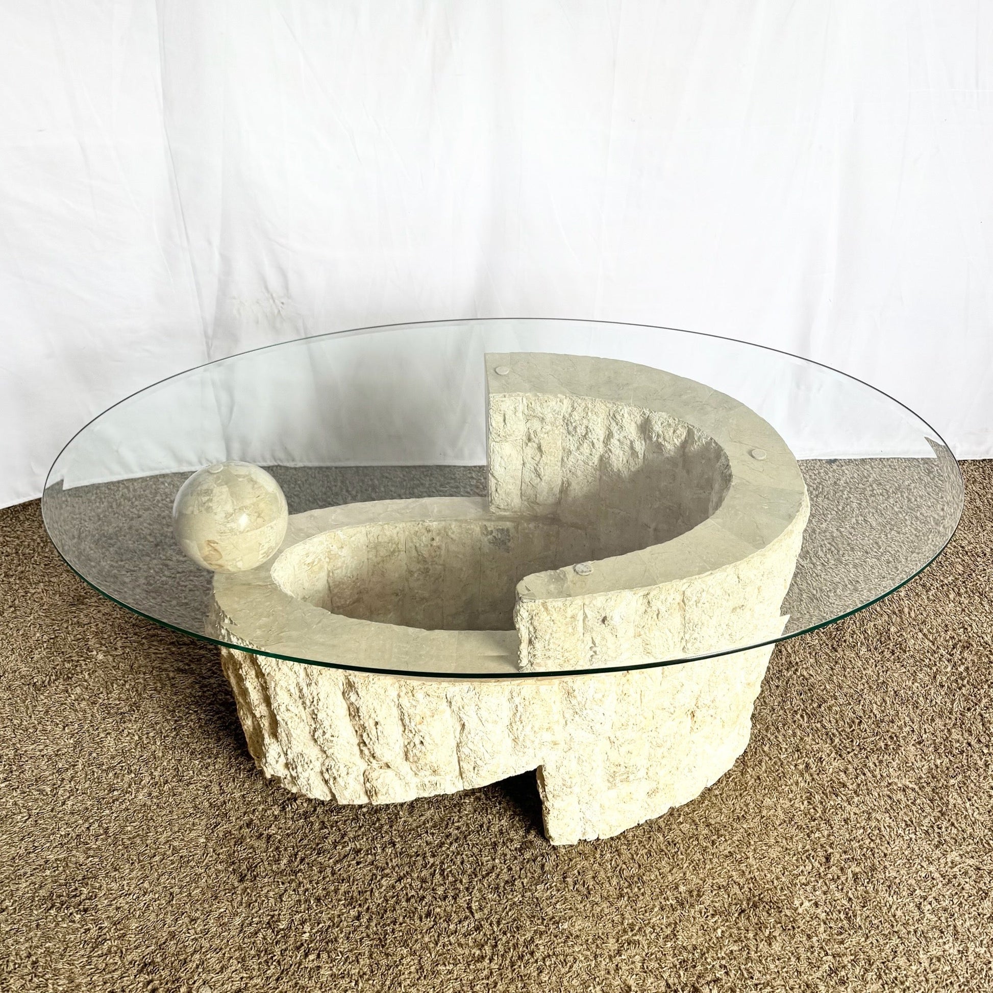 Postmodern Sculpted Oval Tessellated Stone Glass Top Coffee Table - Dolphin & Flamingo