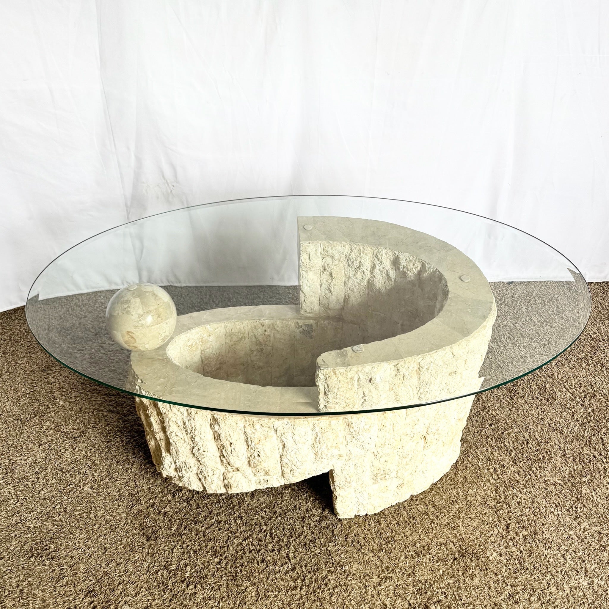 Postmodern Sculpted Oval Tessellated Stone Glass Top Coffee Table - Dolphin & Flamingo