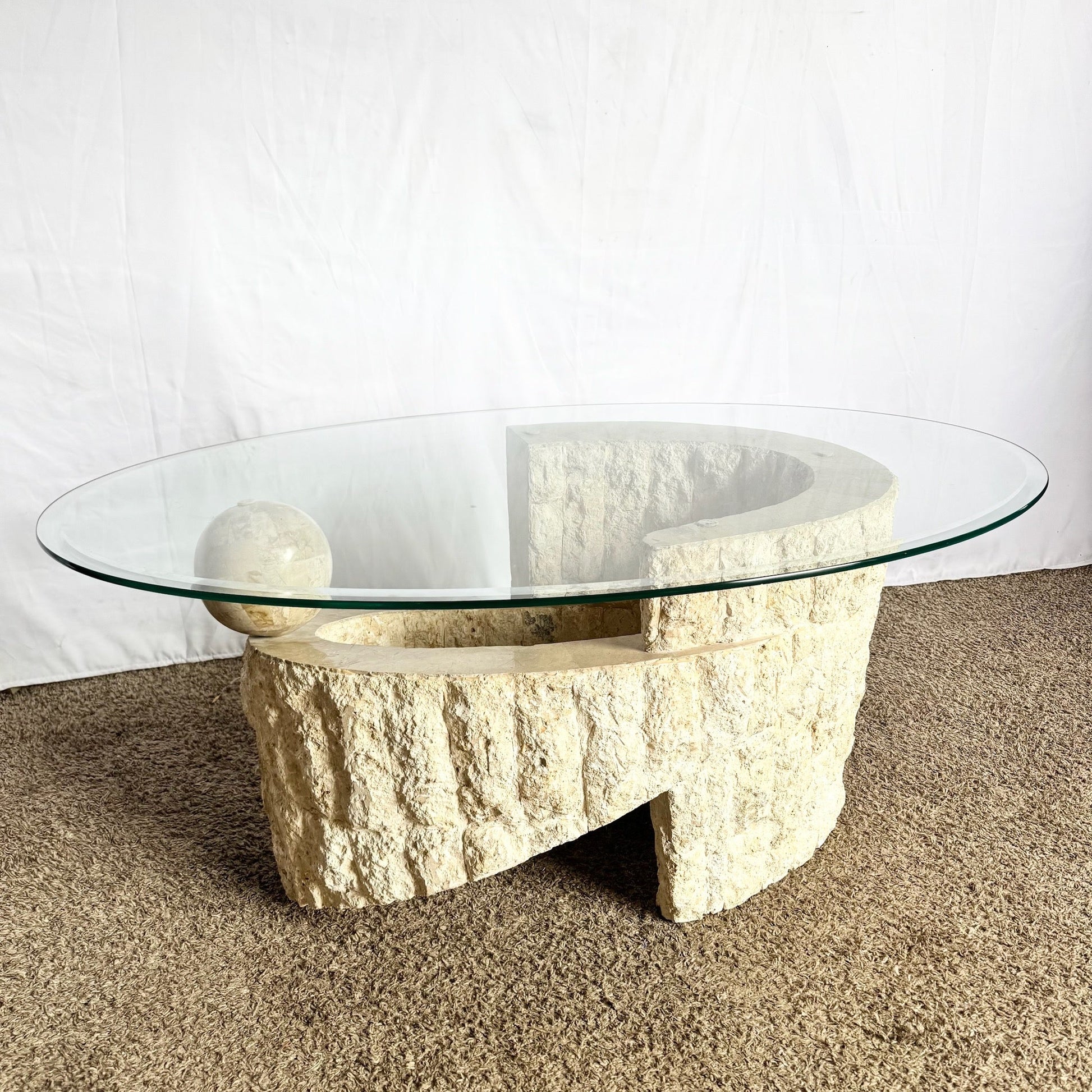 Postmodern Sculpted Oval Tessellated Stone Glass Top Coffee Table - Dolphin & Flamingo
