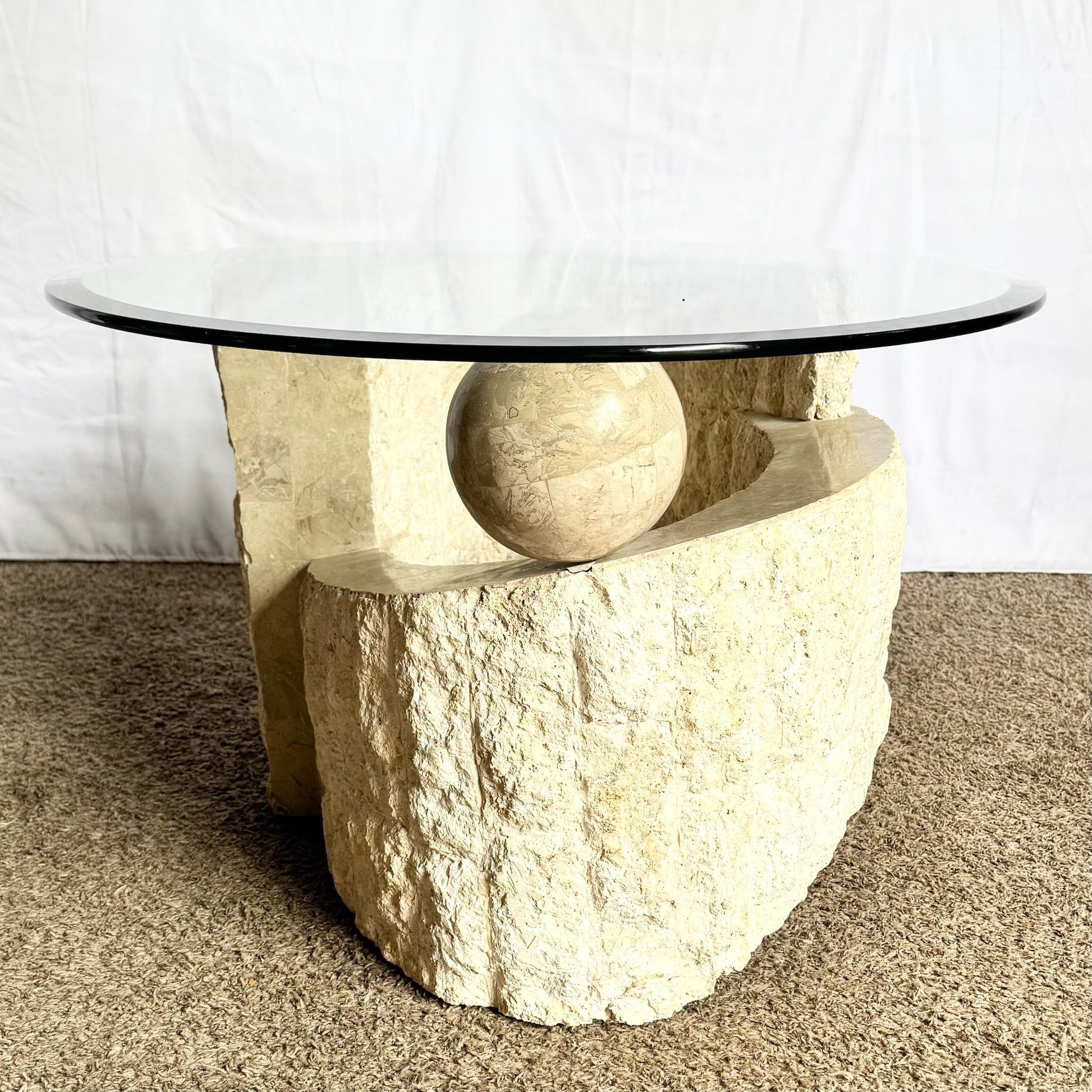Postmodern Sculpted Oval Tessellated Stone Glass Top Coffee Table - Dolphin & Flamingo