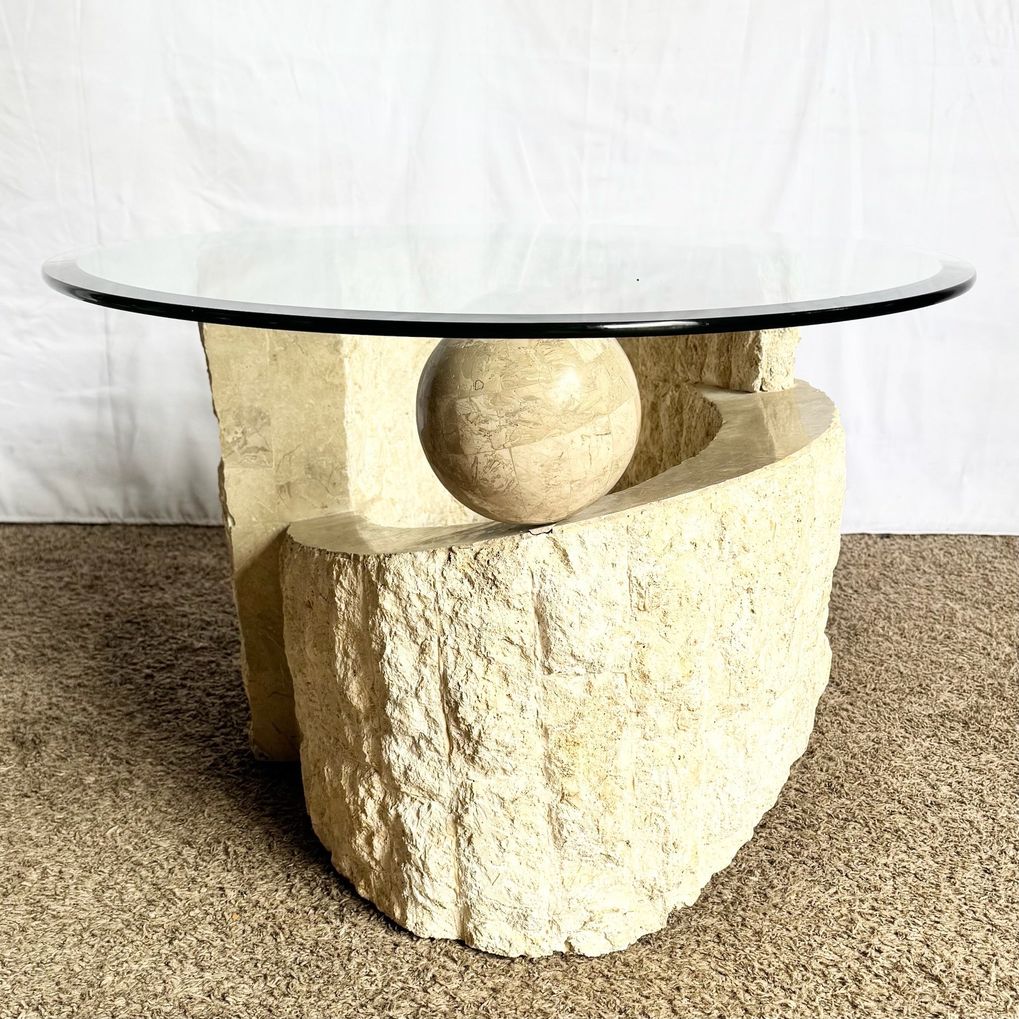 Postmodern Sculpted Oval Tessellated Stone Glass Top Coffee Table - Dolphin & Flamingo
