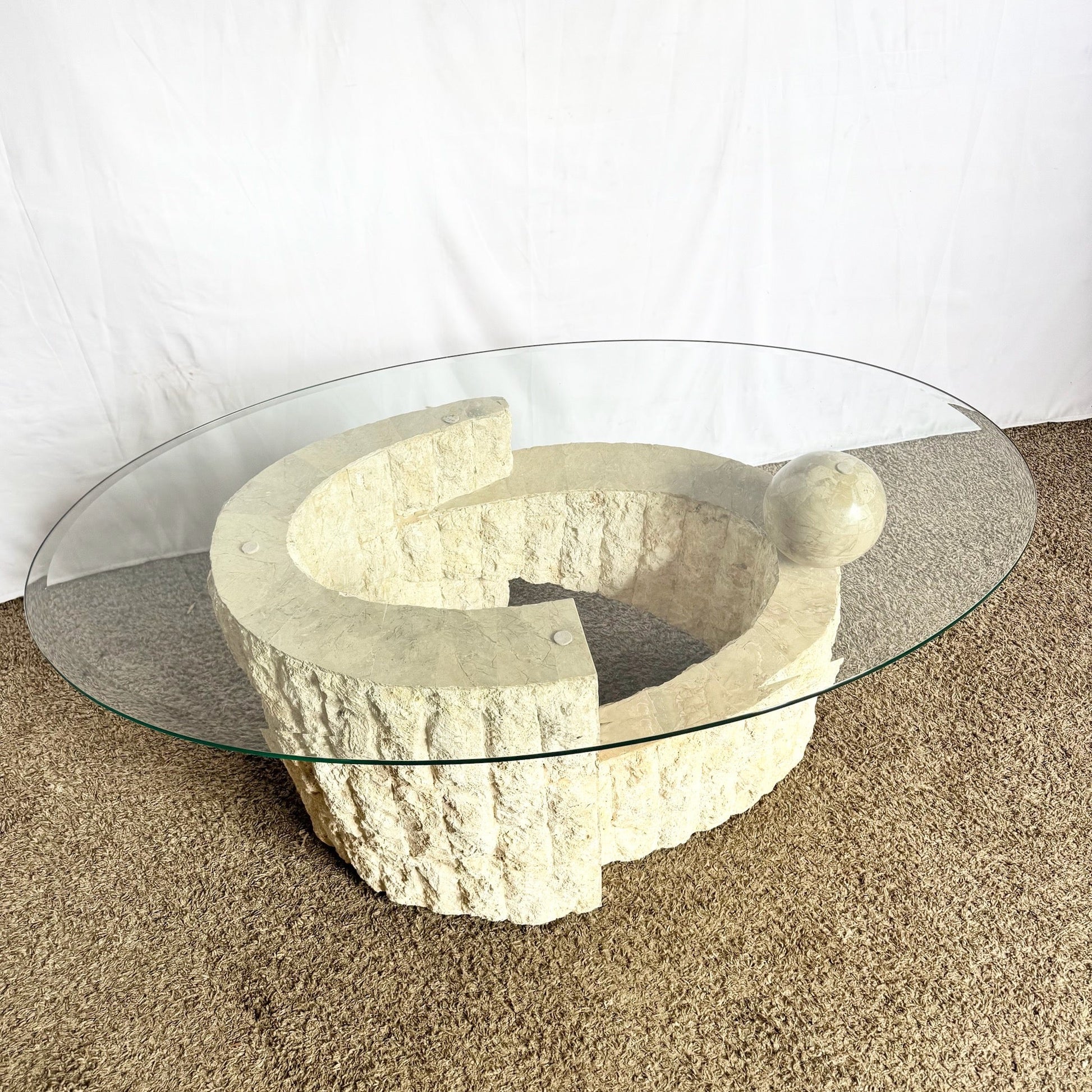 Postmodern Sculpted Oval Tessellated Stone Glass Top Coffee Table - Dolphin & Flamingo