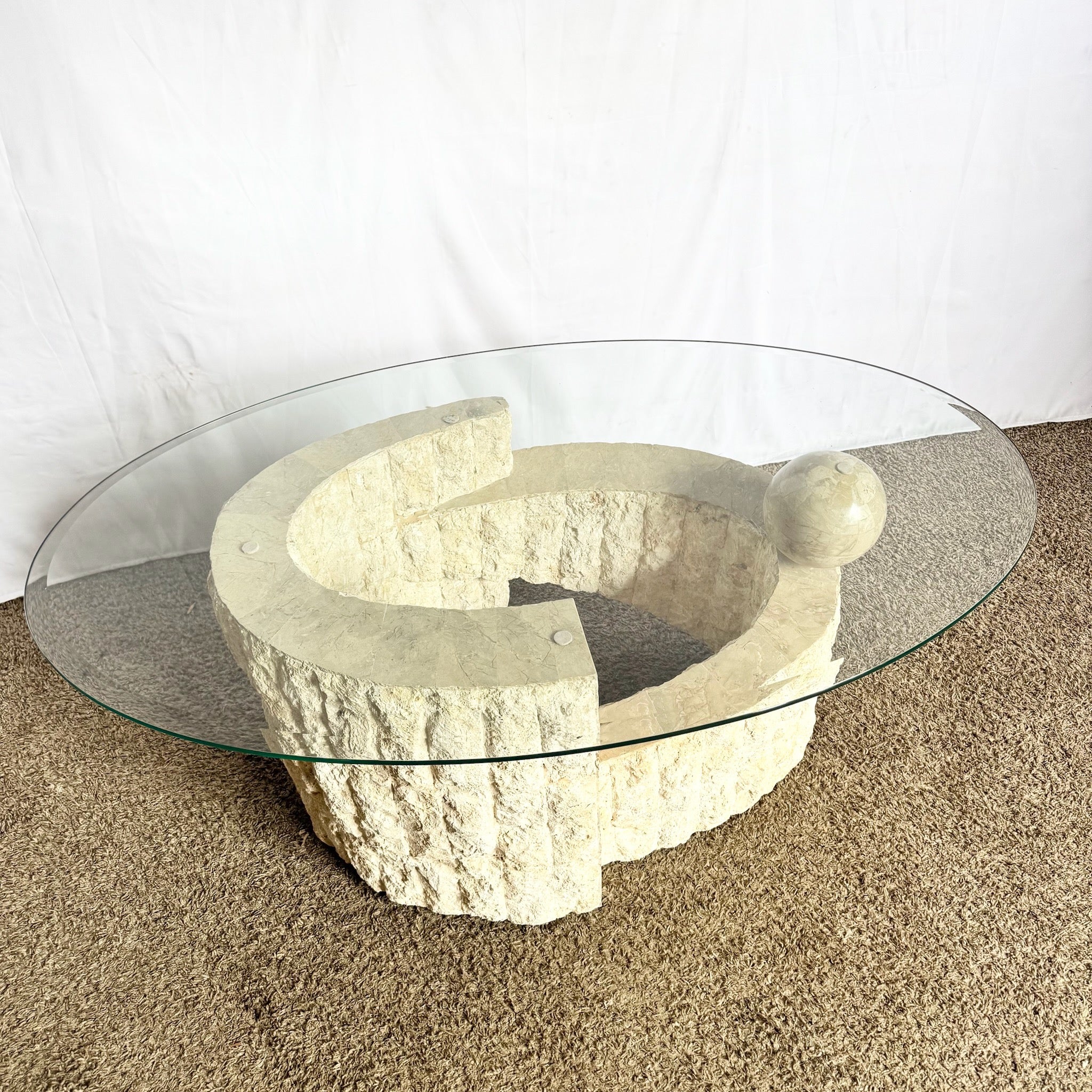 Postmodern Sculpted Oval Tessellated Stone Glass Top Coffee Table - Dolphin & Flamingo
