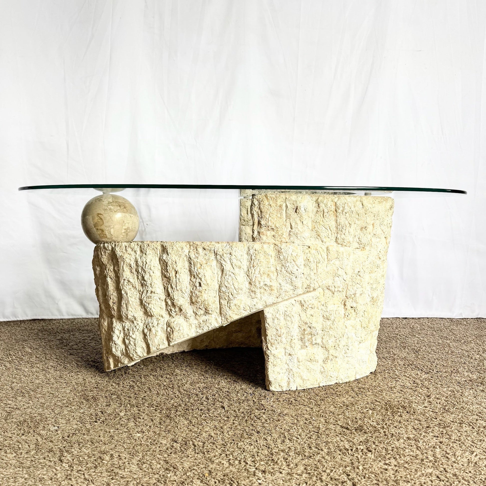 Postmodern Sculpted Oval Tessellated Stone Glass Top Coffee Table - Dolphin & Flamingo