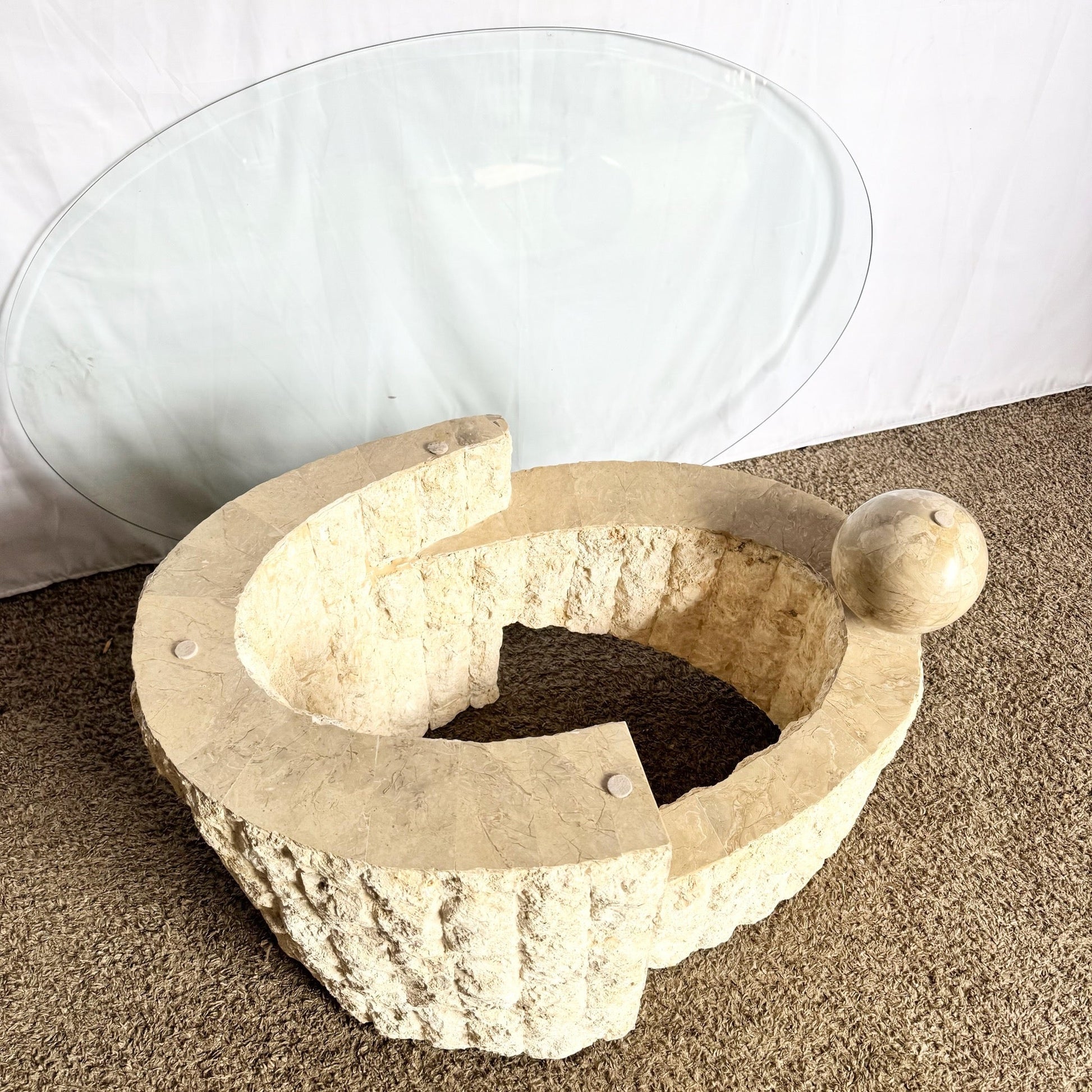 Postmodern Sculpted Oval Tessellated Stone Glass Top Coffee Table - Dolphin & Flamingo