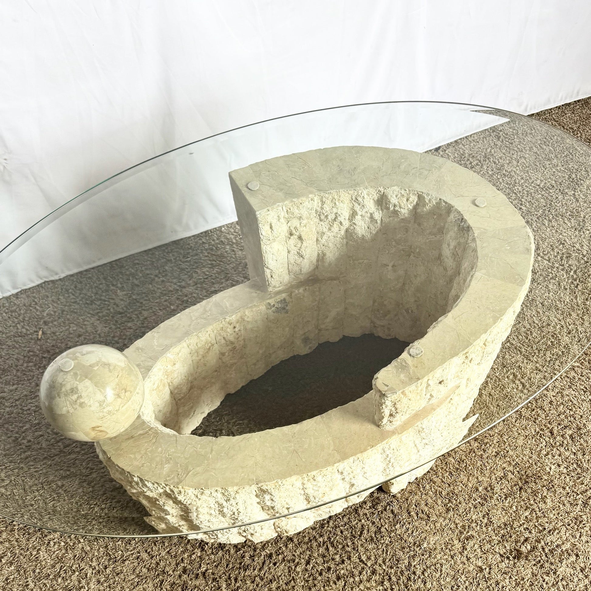 Postmodern Sculpted Oval Tessellated Stone Glass Top Coffee Table - Dolphin & Flamingo