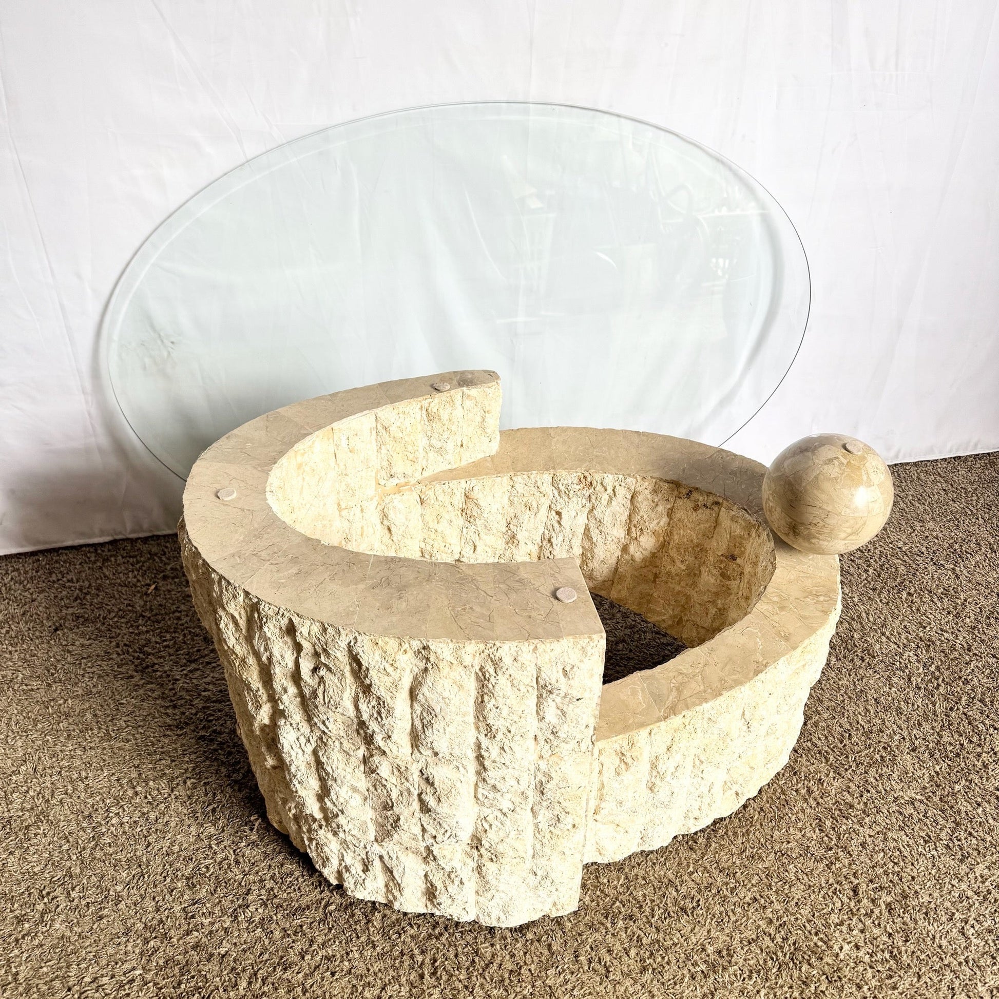 Postmodern Sculpted Oval Tessellated Stone Glass Top Coffee Table - Dolphin & Flamingo