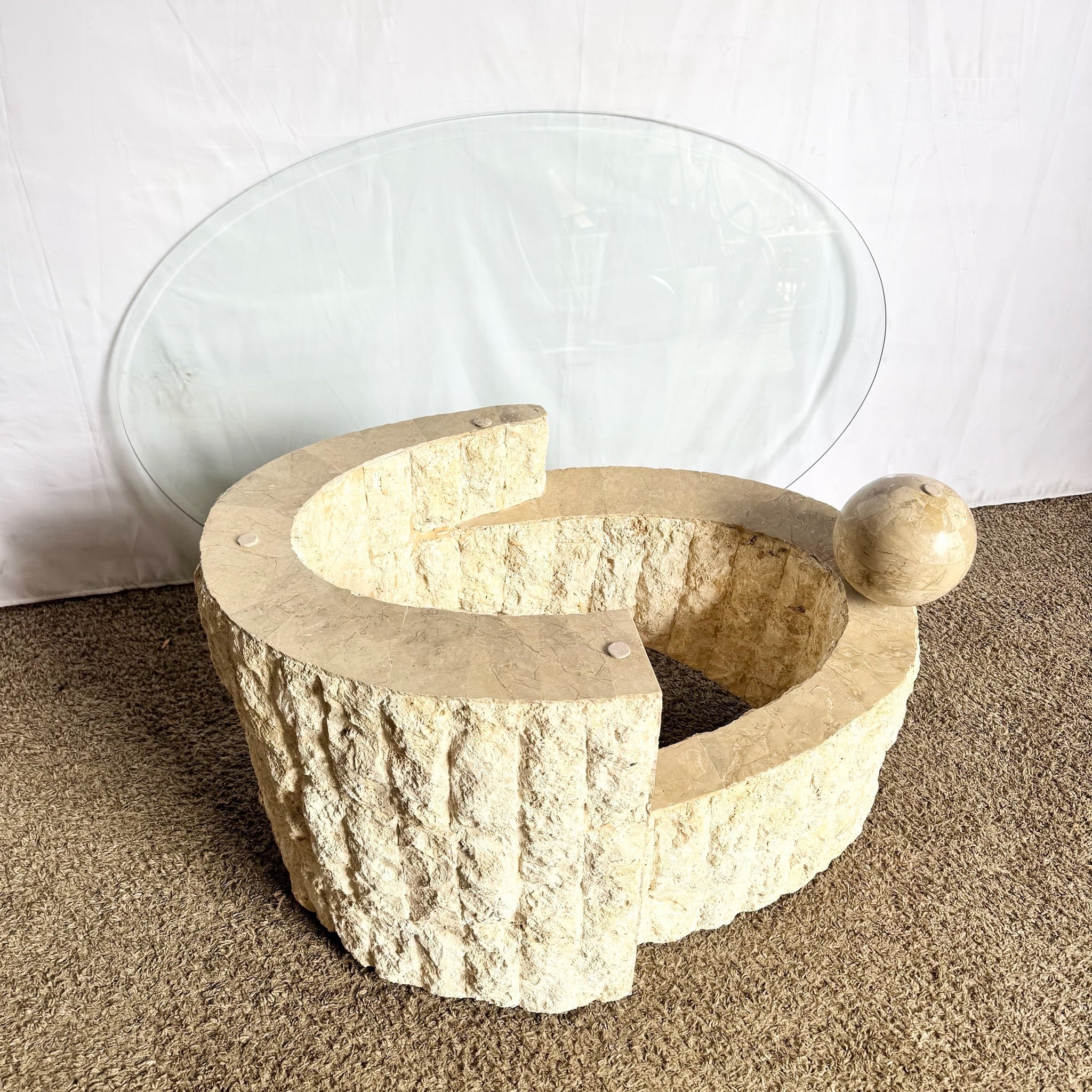 Postmodern Sculpted Oval Tessellated Stone Glass Top Coffee Table - Dolphin & Flamingo