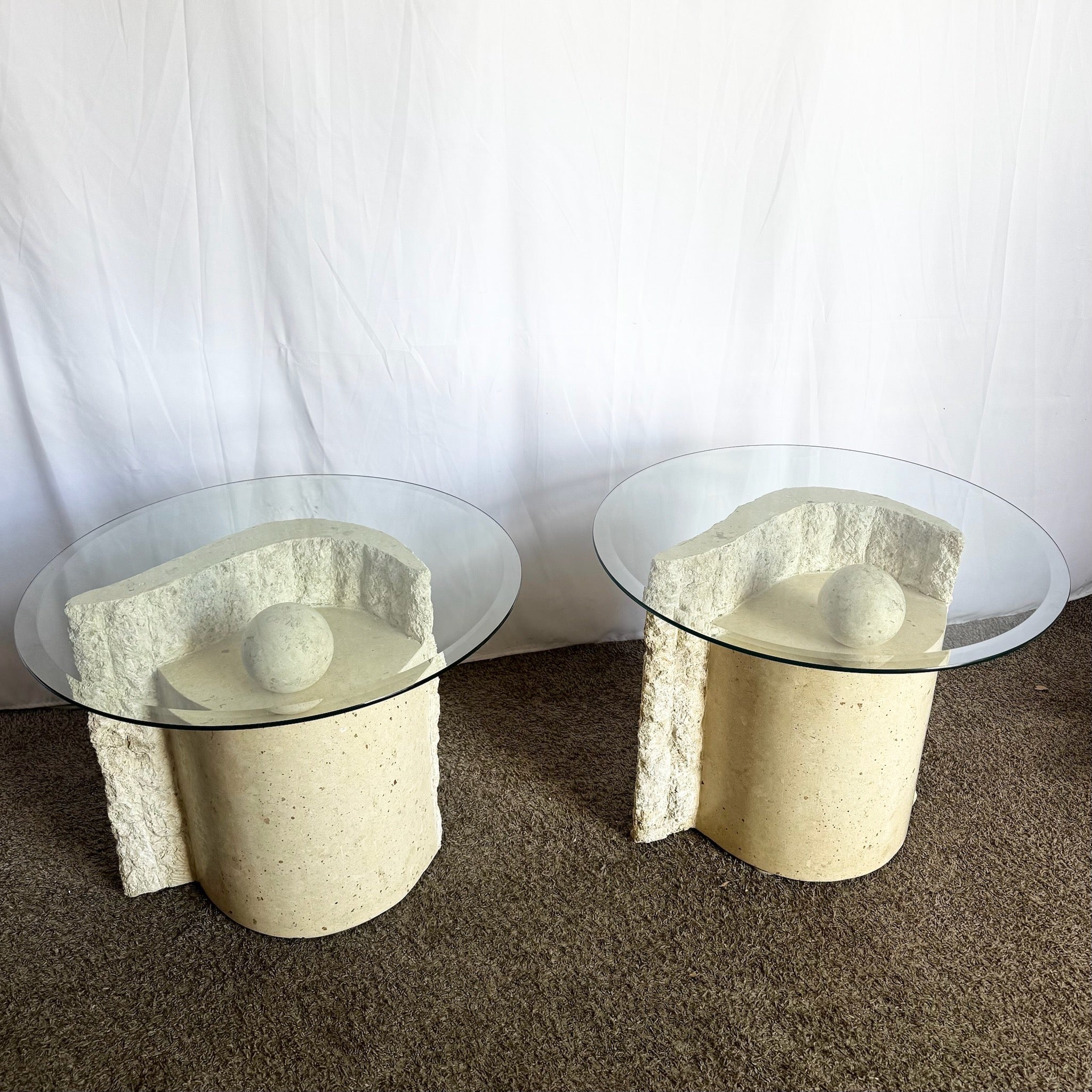 Postmodern Sculpted Tessellated Stone Circular Glass Top Side Tables - A Pair - Dolphin & Flamingo