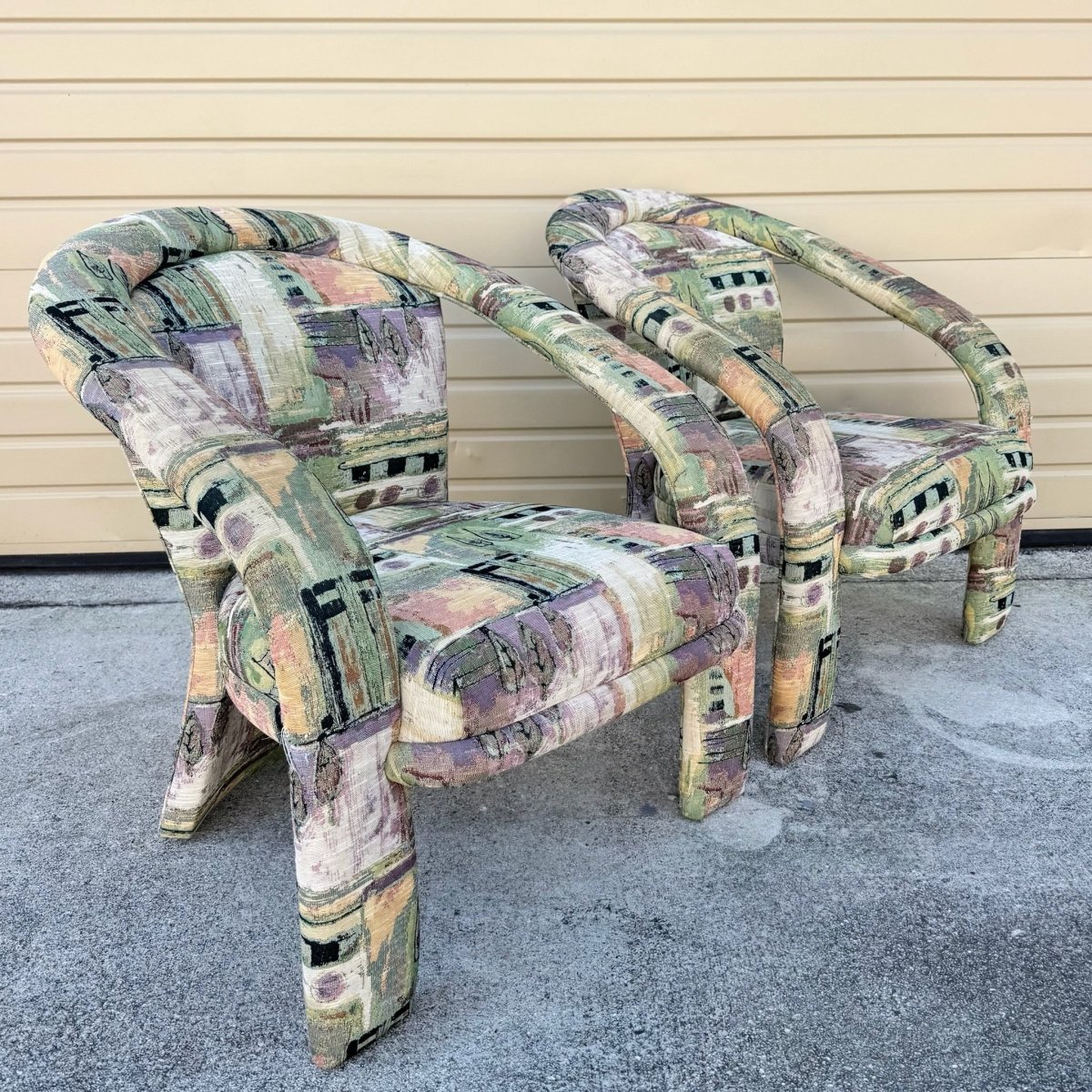 Postmodern Sculptural Abstract Fabric Lounge Chairs by Carson’s - A Pair - Dolphin & Flamingo