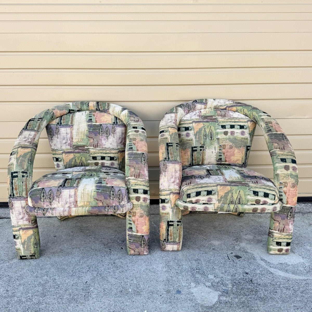 Postmodern Sculptural Abstract Fabric Lounge Chairs by Carson’s - A Pair - Dolphin & Flamingo