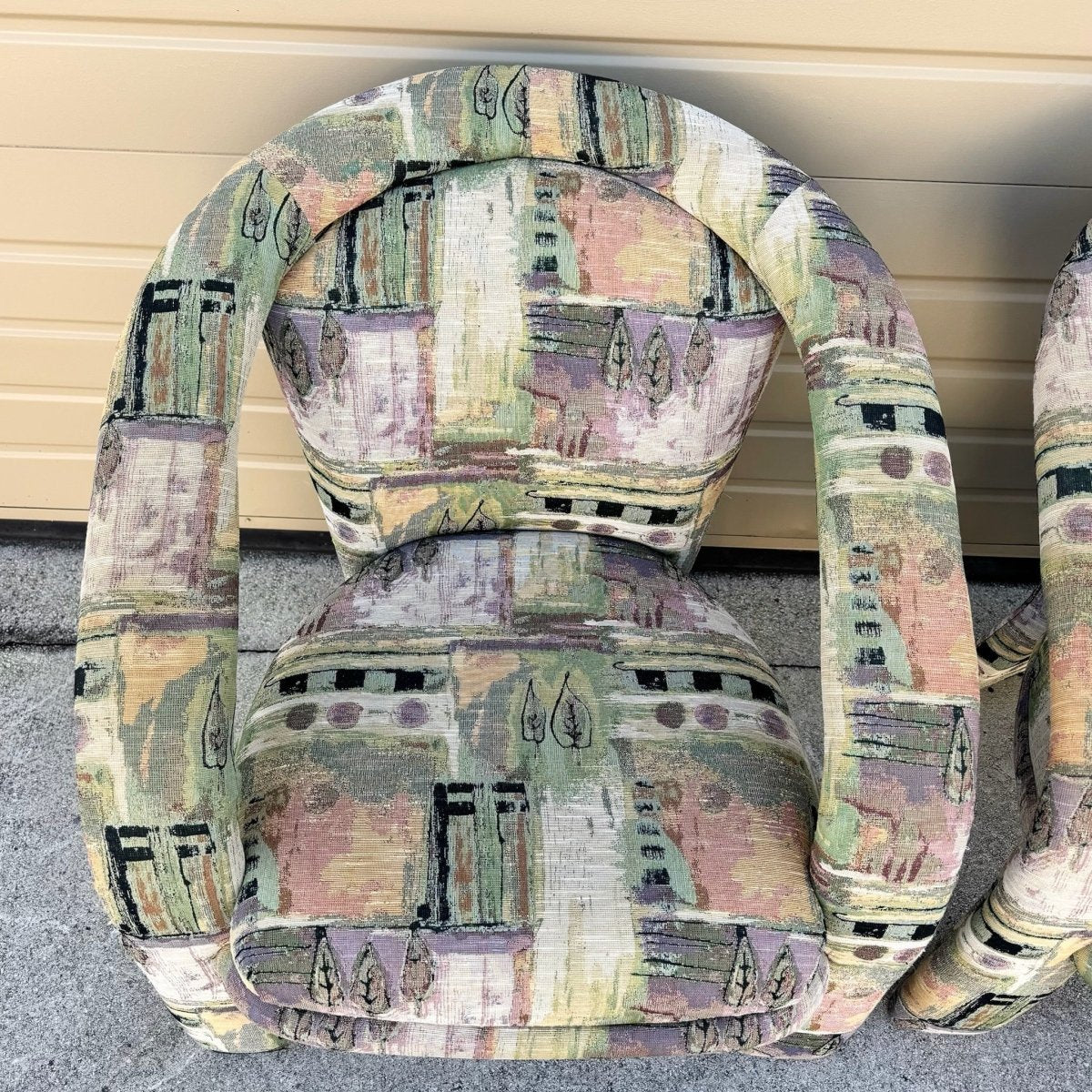 Postmodern Sculptural Abstract Fabric Lounge Chairs by Carson’s - A Pair - Dolphin & Flamingo