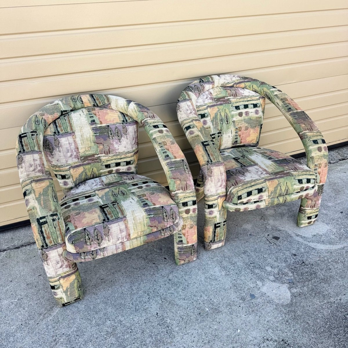 Postmodern Sculptural Abstract Fabric Lounge Chairs by Carson’s - A Pair - Dolphin & Flamingo