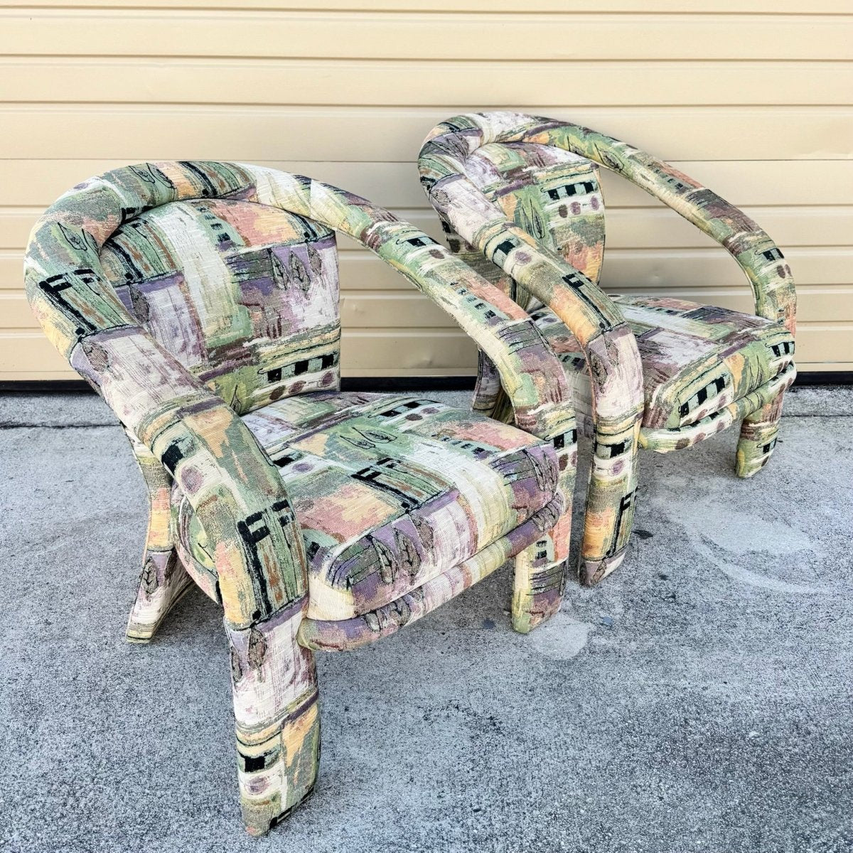 Postmodern Sculptural Abstract Fabric Lounge Chairs by Carson’s - A Pair - Dolphin & Flamingo