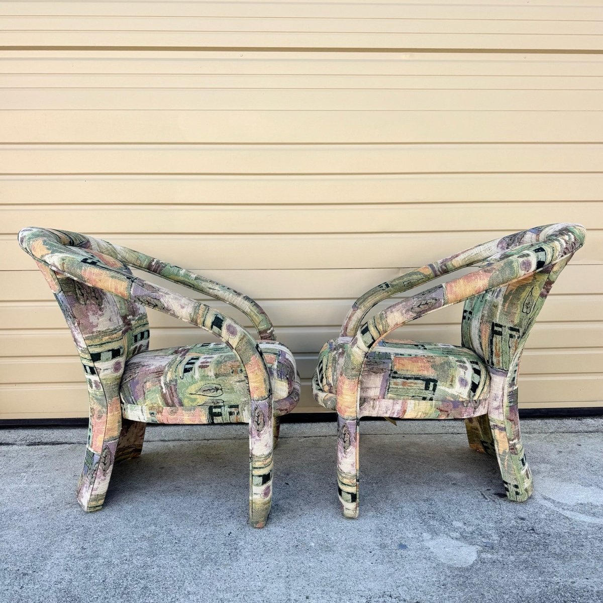 Postmodern Sculptural Abstract Fabric Lounge Chairs by Carson’s - A Pair - Dolphin & Flamingo