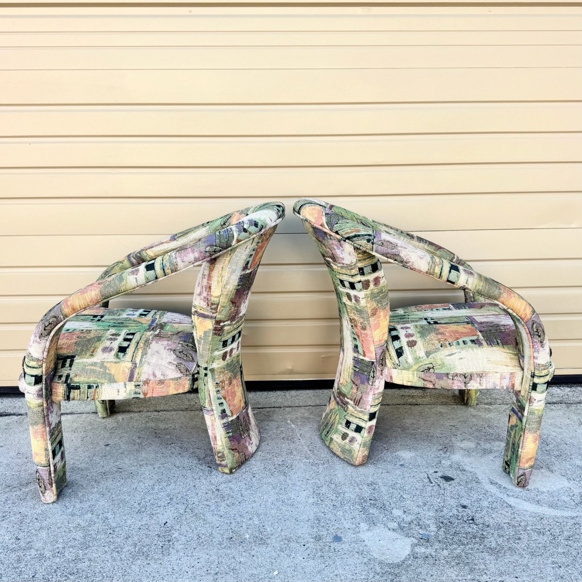 Postmodern Sculptural Abstract Fabric Lounge Chairs by Carson’s - A Pair - Dolphin & Flamingo