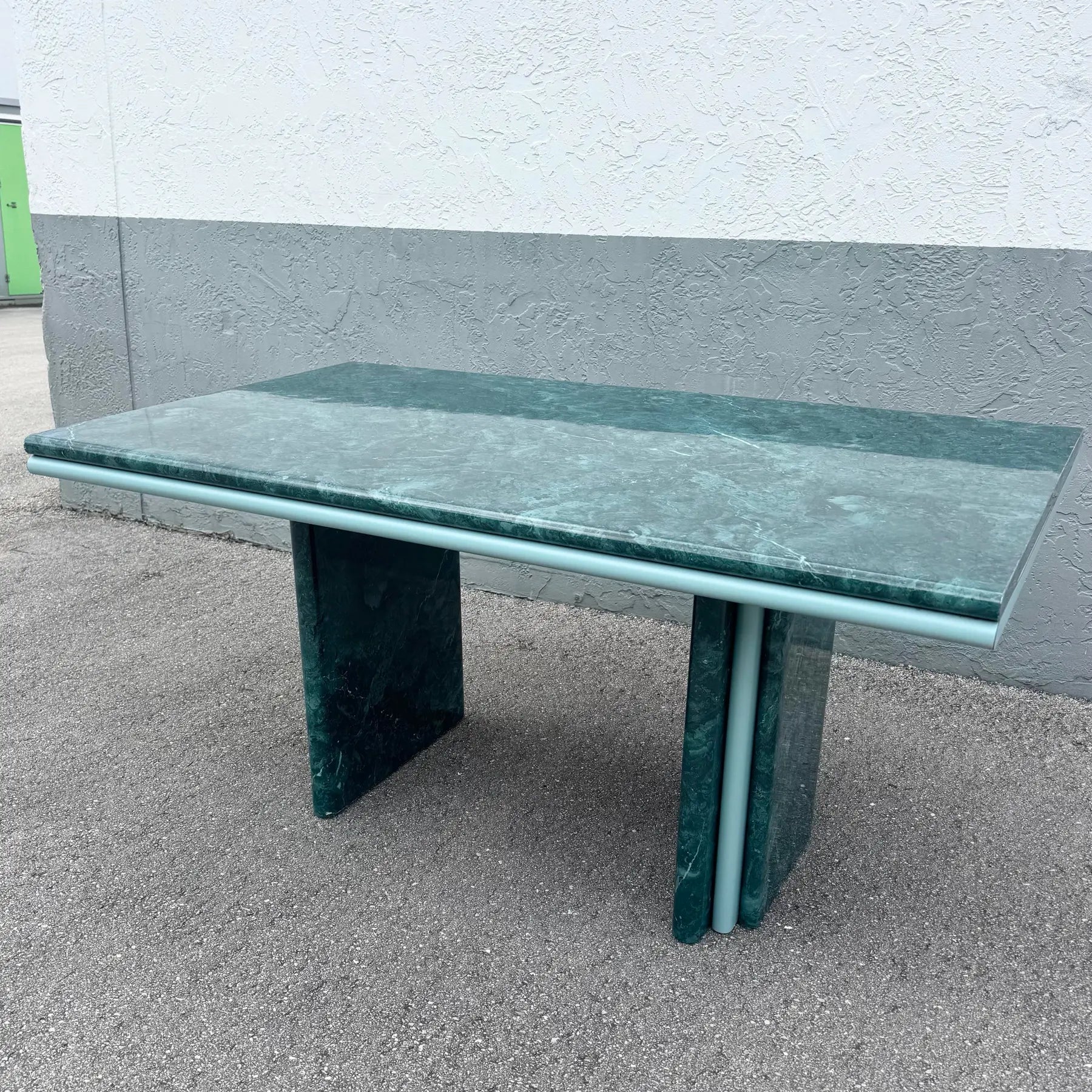 Postmodern Sky Blue and Faux Green Marble Laminate Dining Table Dolphin & Flamingo