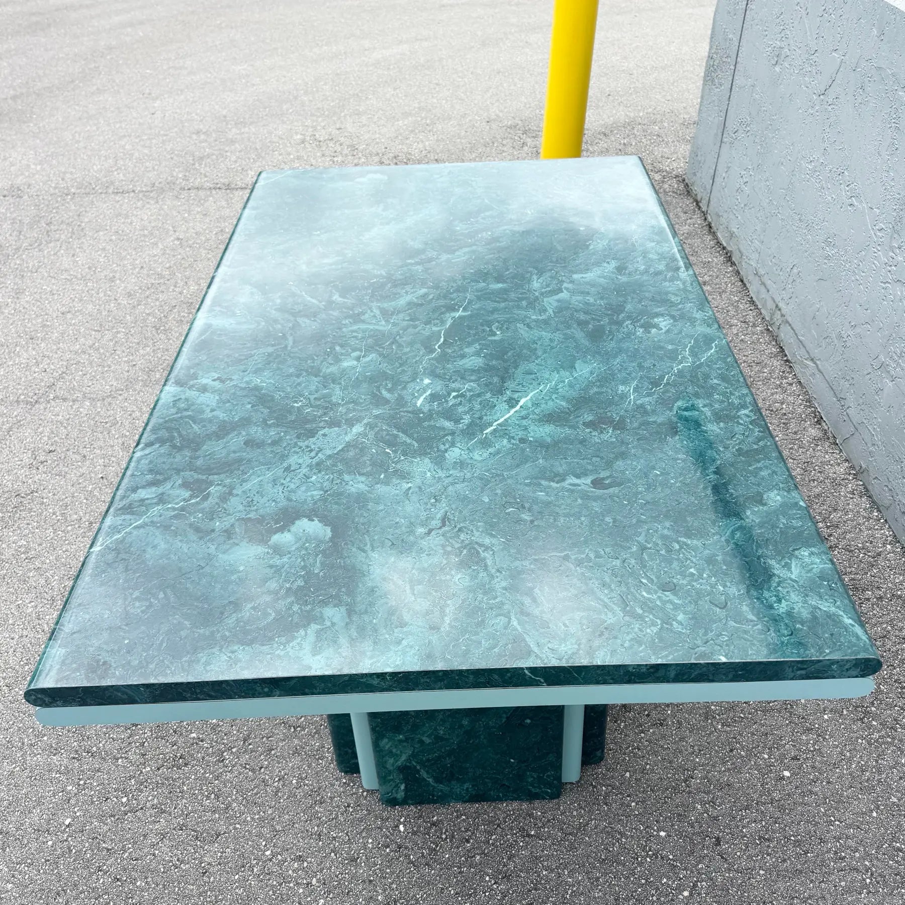 Postmodern Sky Blue and Faux Green Marble Laminate Dining Table Dolphin & Flamingo