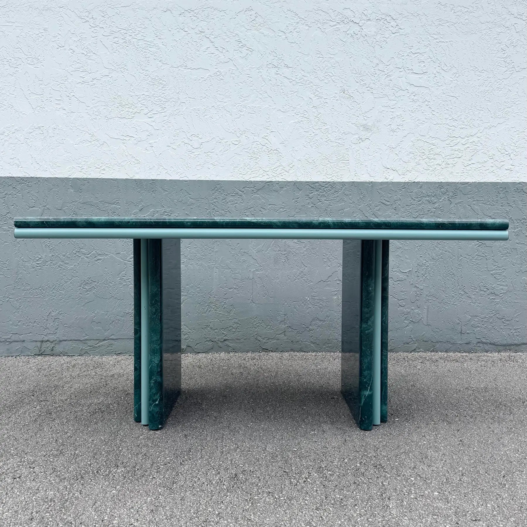 Postmodern Sky Blue and Faux Green Marble Laminate Dining Table Dolphin & Flamingo
