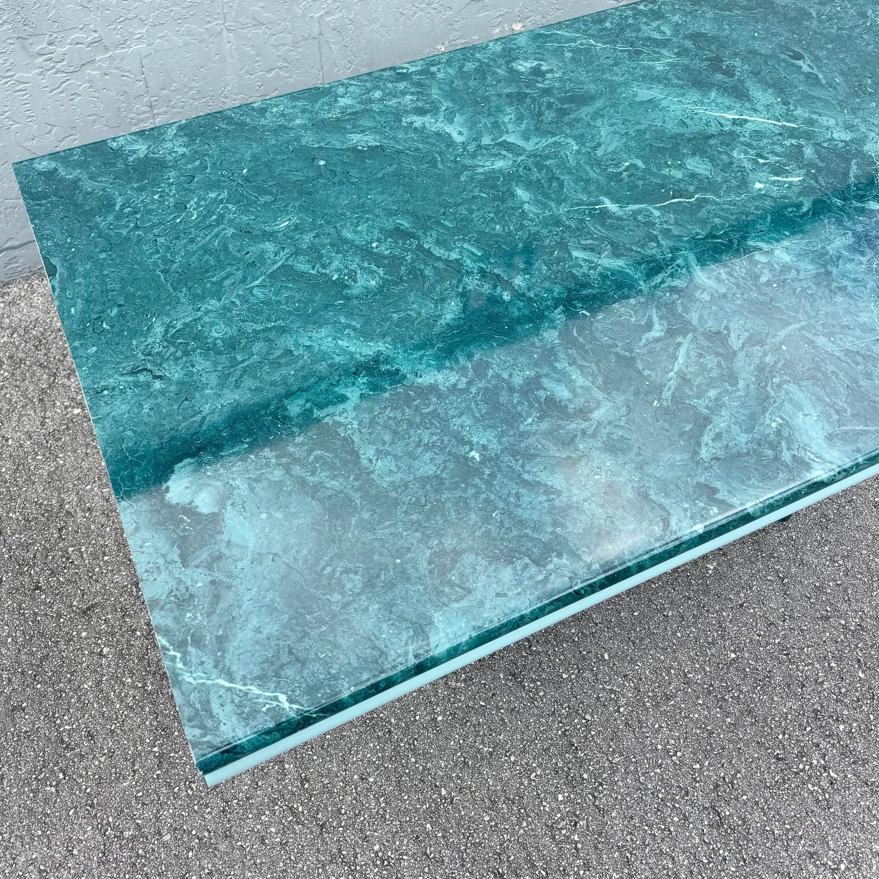 Postmodern Sky Blue and Faux Green Marble Laminate Dining Table Dolphin & Flamingo