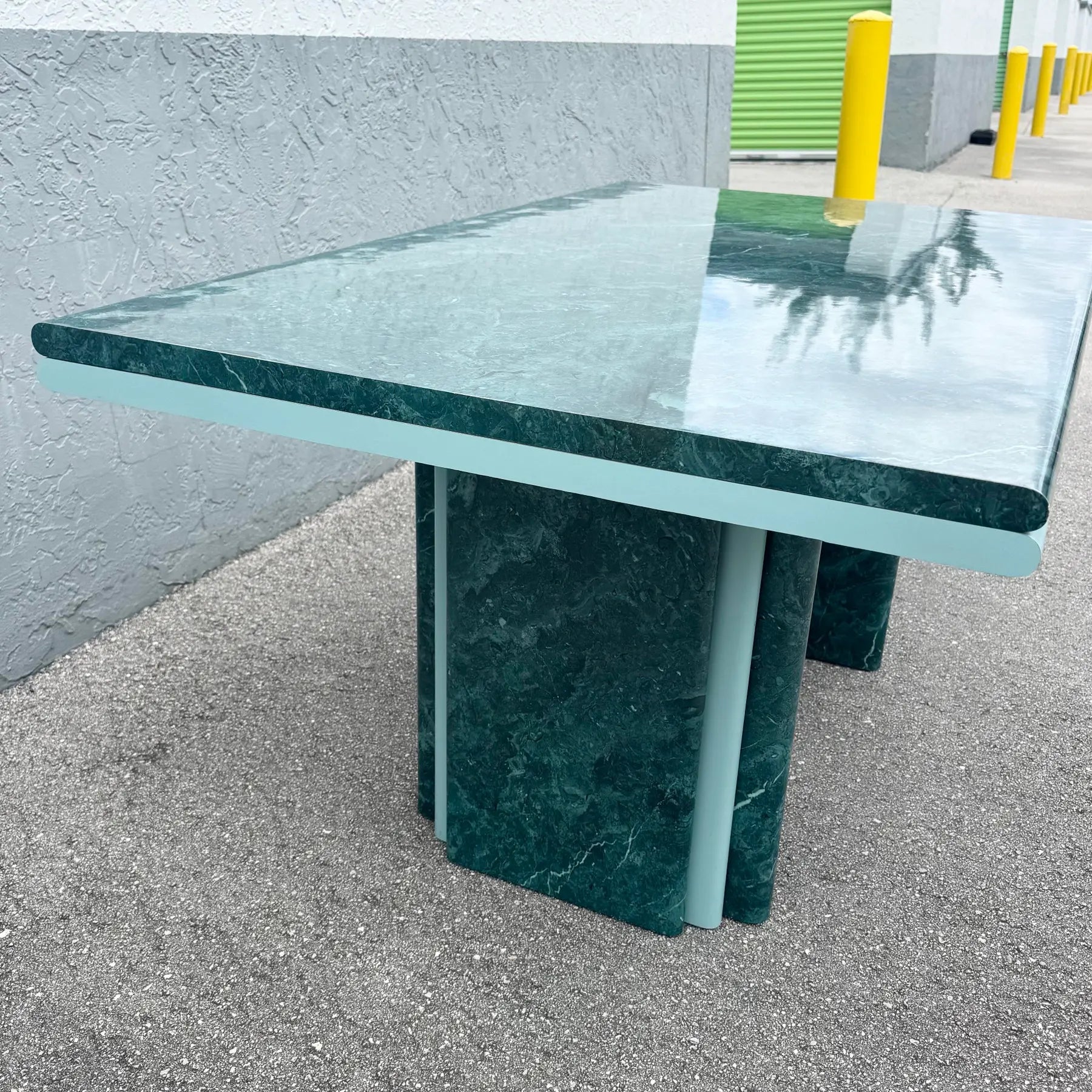 Postmodern Sky Blue and Faux Green Marble Laminate Dining Table Dolphin & Flamingo