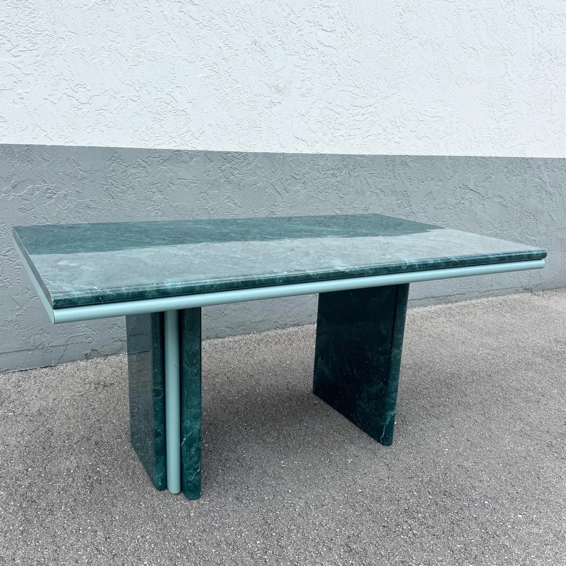 Postmodern Sky Blue and Faux Green Marble Laminate Dining Table Dolphin & Flamingo