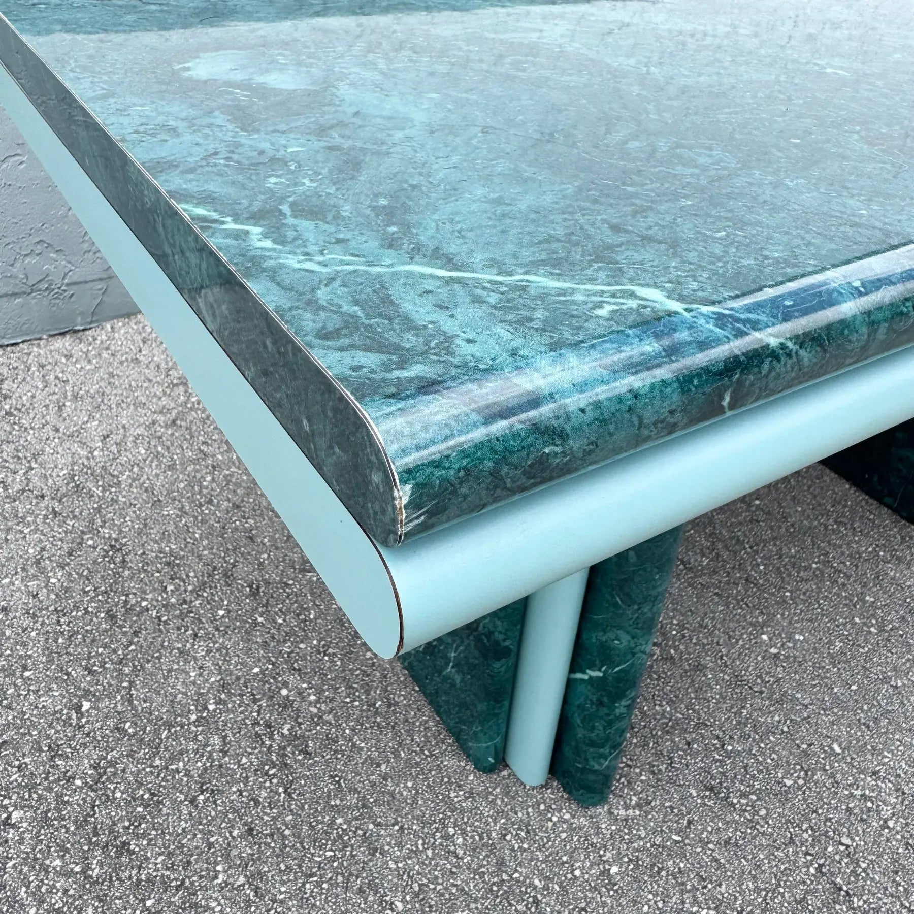 Postmodern Sky Blue and Faux Green Marble Laminate Dining Table Dolphin & Flamingo