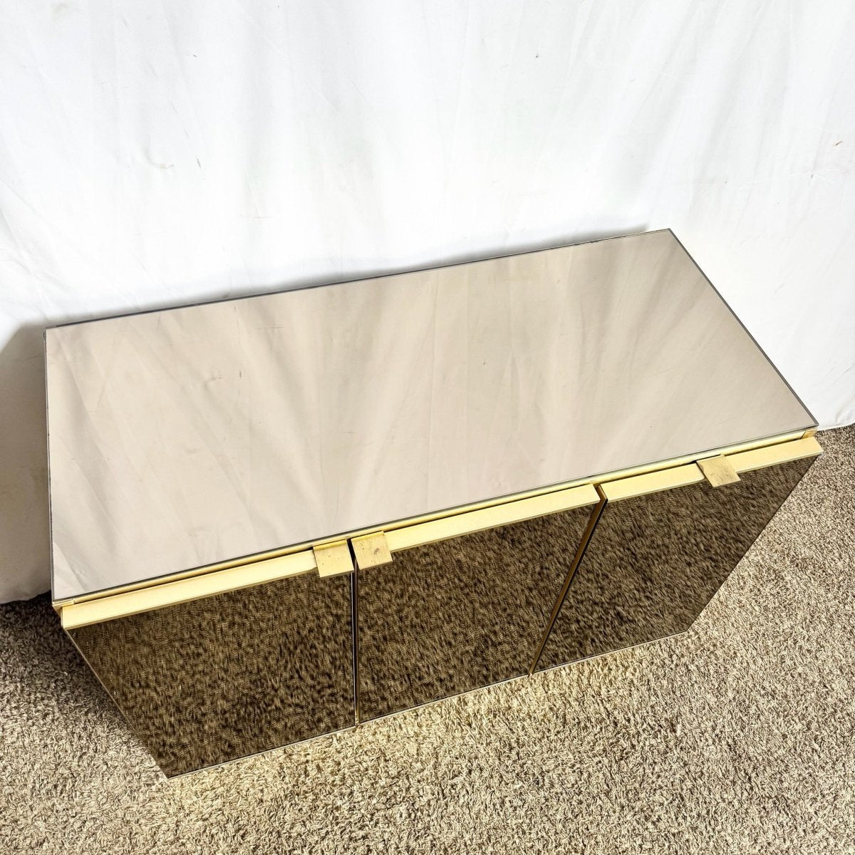 Postmodern Smoked Mirror and Gold Credenza - Dolphin & Flamingo