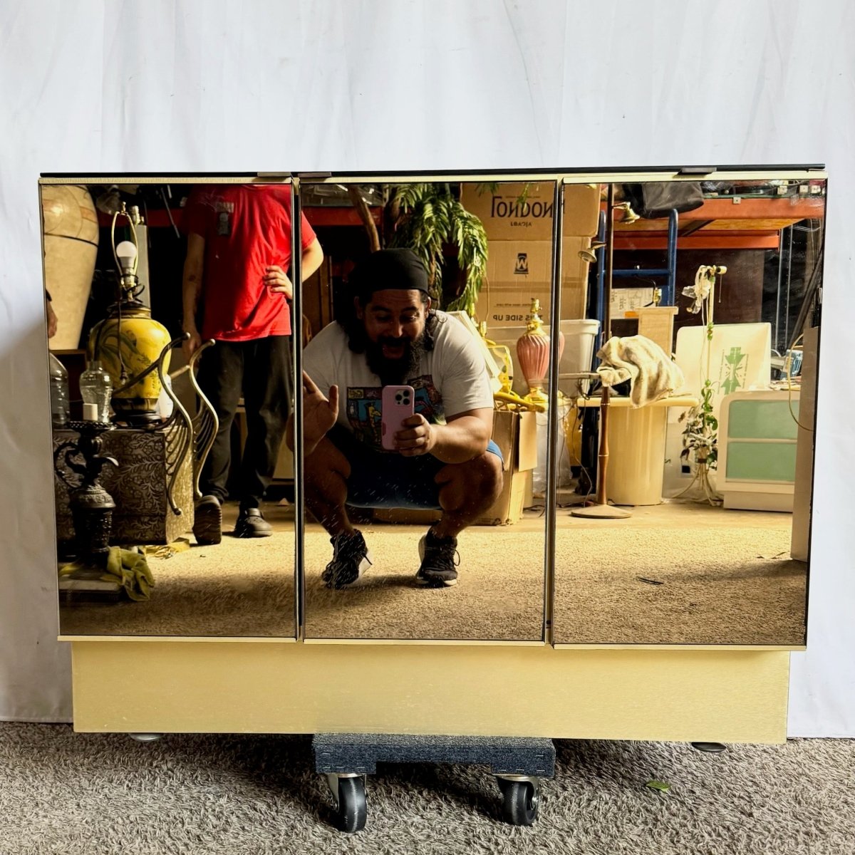 Postmodern Smoked Mirror and Gold Credenza - Dolphin & Flamingo