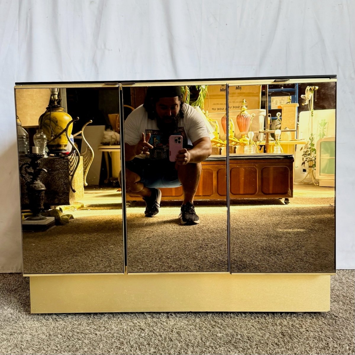 Postmodern Smoked Mirror and Gold Credenza - Dolphin & Flamingo