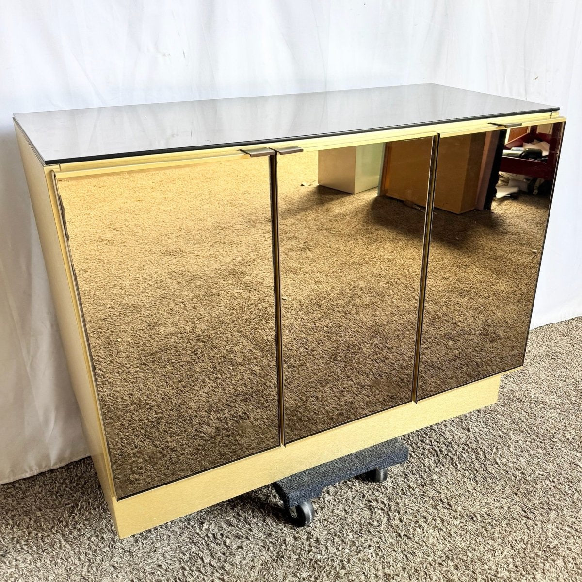 Postmodern Smoked Mirror and Gold Credenza - Dolphin & Flamingo