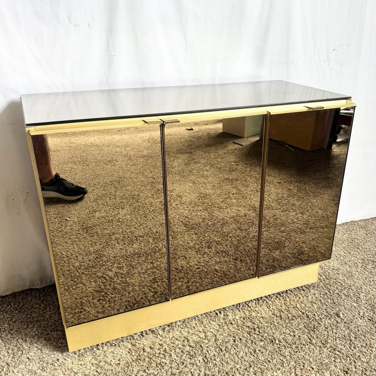 Postmodern Smoked Mirror and Gold Credenza - Dolphin & Flamingo