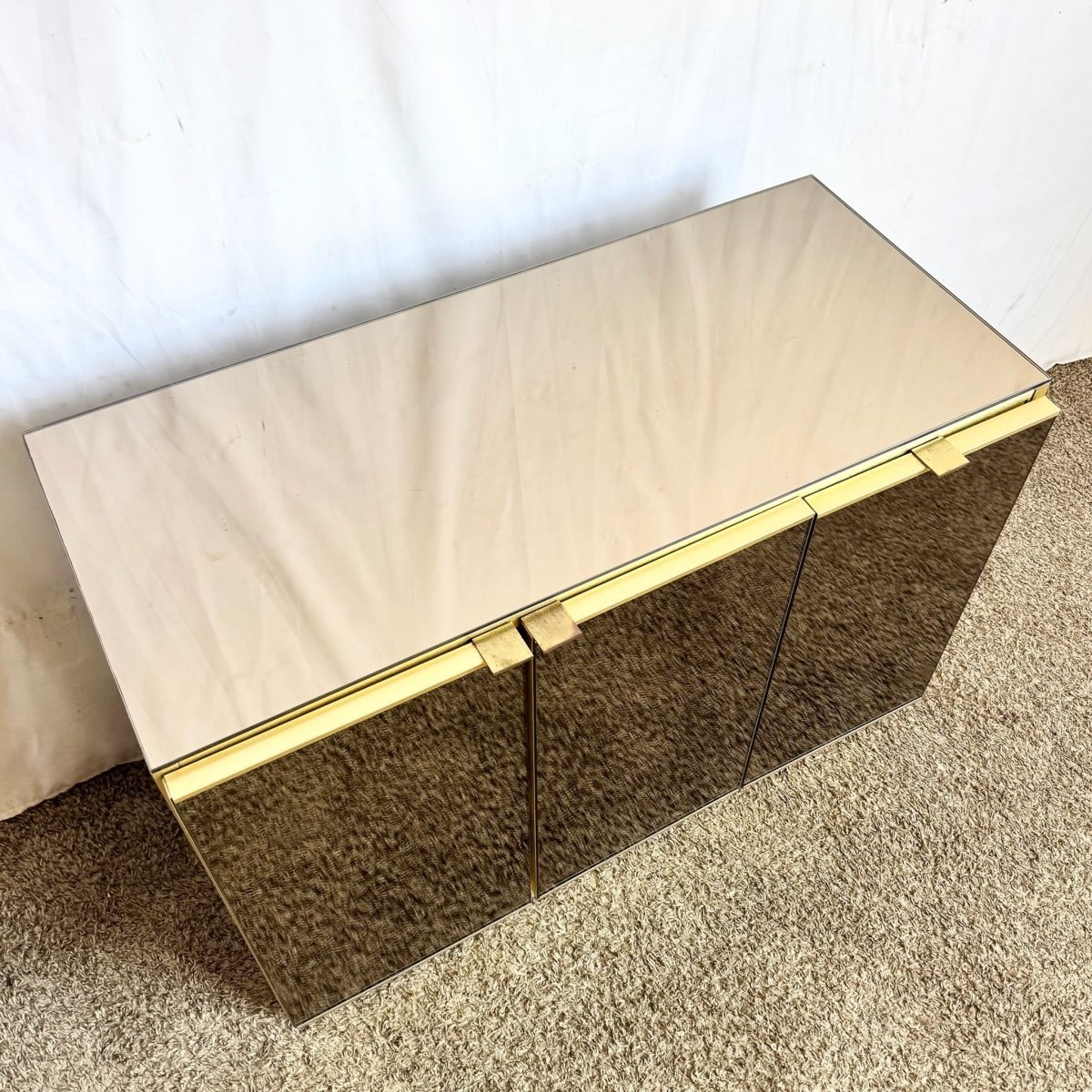 Postmodern Smoked Mirror and Gold Credenza - Dolphin & Flamingo