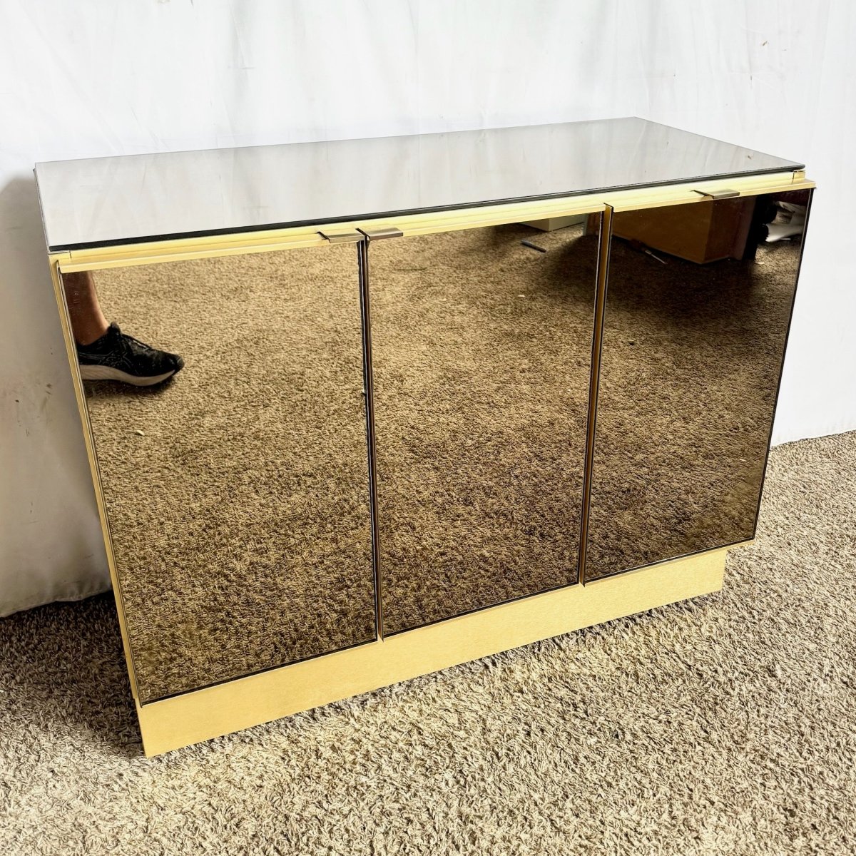 Postmodern Smoked Mirror and Gold Credenza - Dolphin & Flamingo