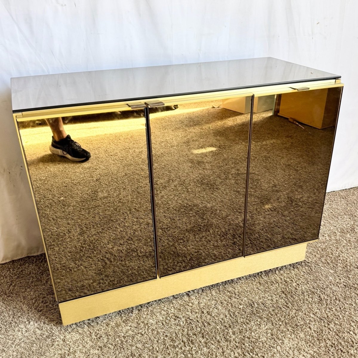 Postmodern Smoked Mirror and Gold Credenza - Dolphin & Flamingo
