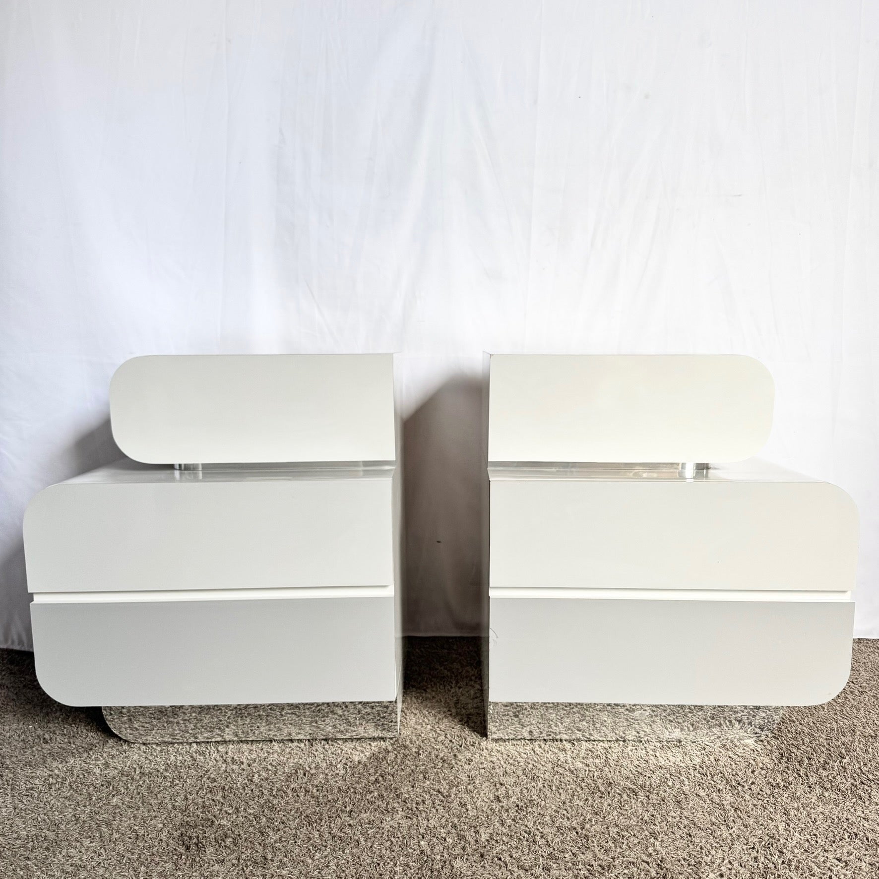 Postmodern Space Age Waterfall Gray and Chrome Nightstands - A Pair - Dolphin & Flamingo