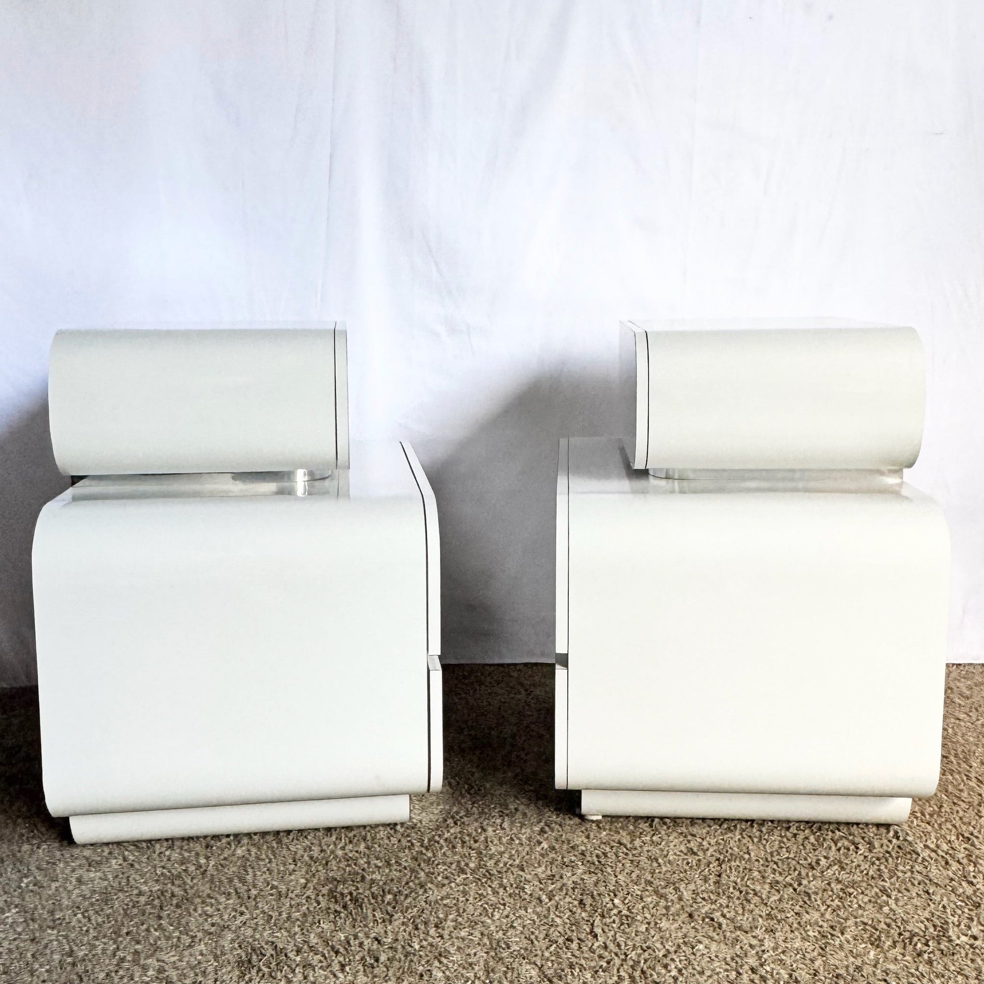 Postmodern Space Age Waterfall Gray and Chrome Nightstands - A Pair - Dolphin & Flamingo