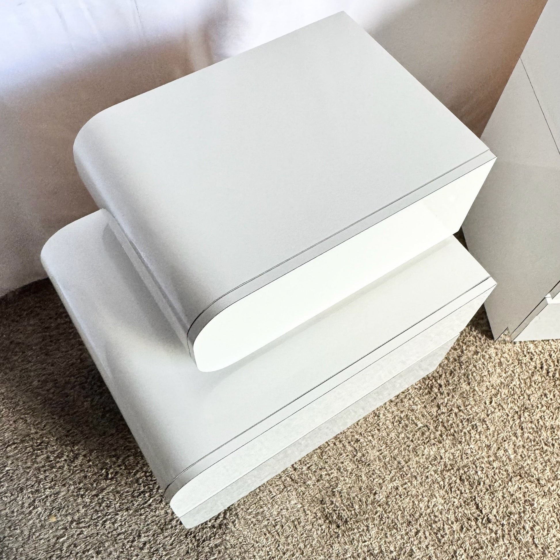 Postmodern Space Age Waterfall Gray and Chrome Nightstands - A Pair - Dolphin & Flamingo