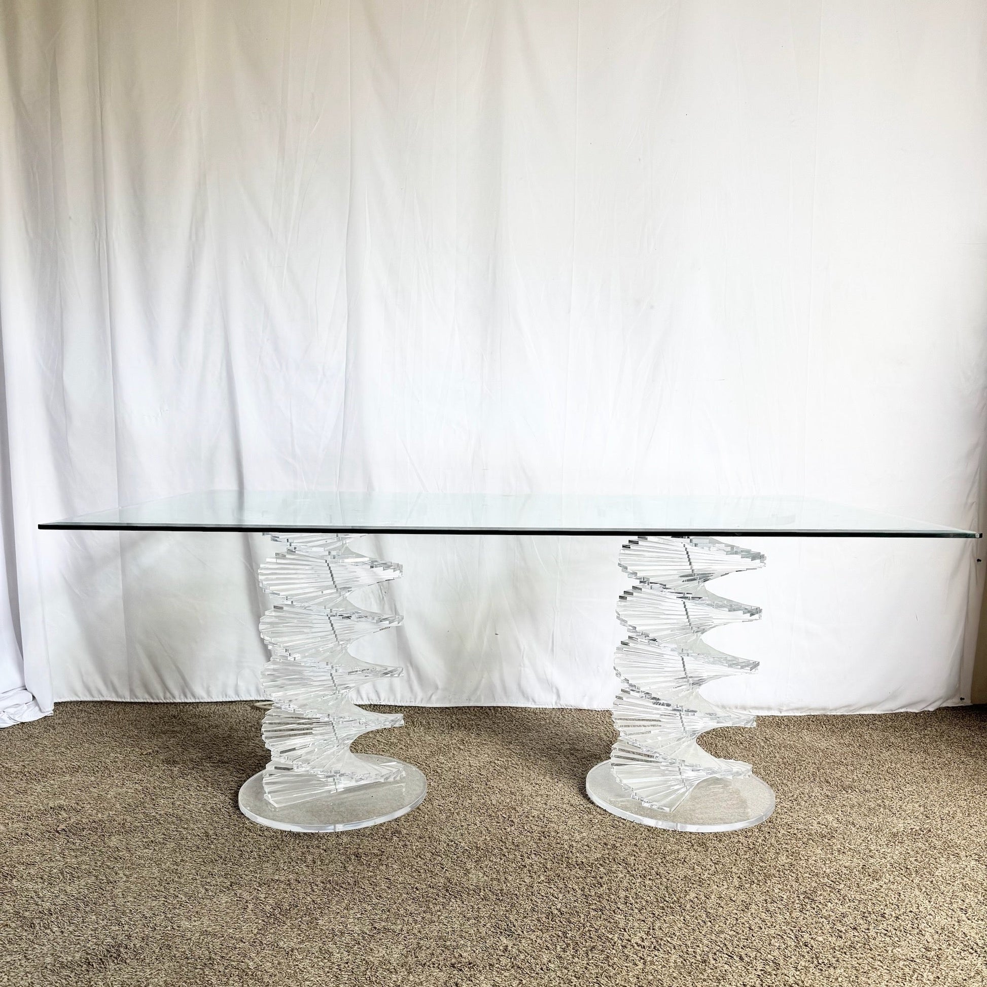 Postmodern Spiral Stacked Lucite Glass Top Dining Table - Dolphin & Flamingo